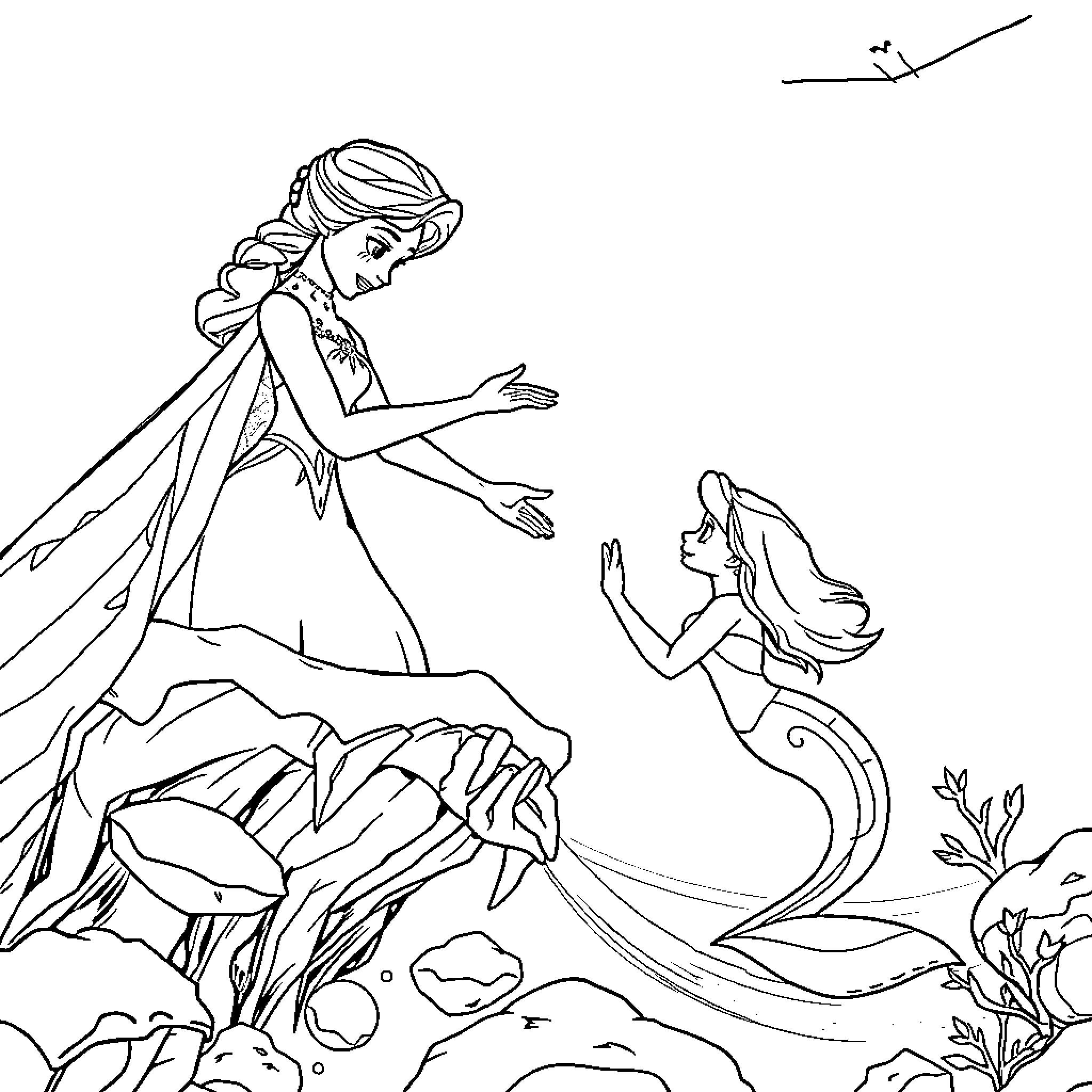 Elsa and Mermaid Interacting in Underwater Scene Coloring Page (free black-and-white line drawing printable PDF for all, from beginners to advanced learners, including children, teens, adults, and seniors)