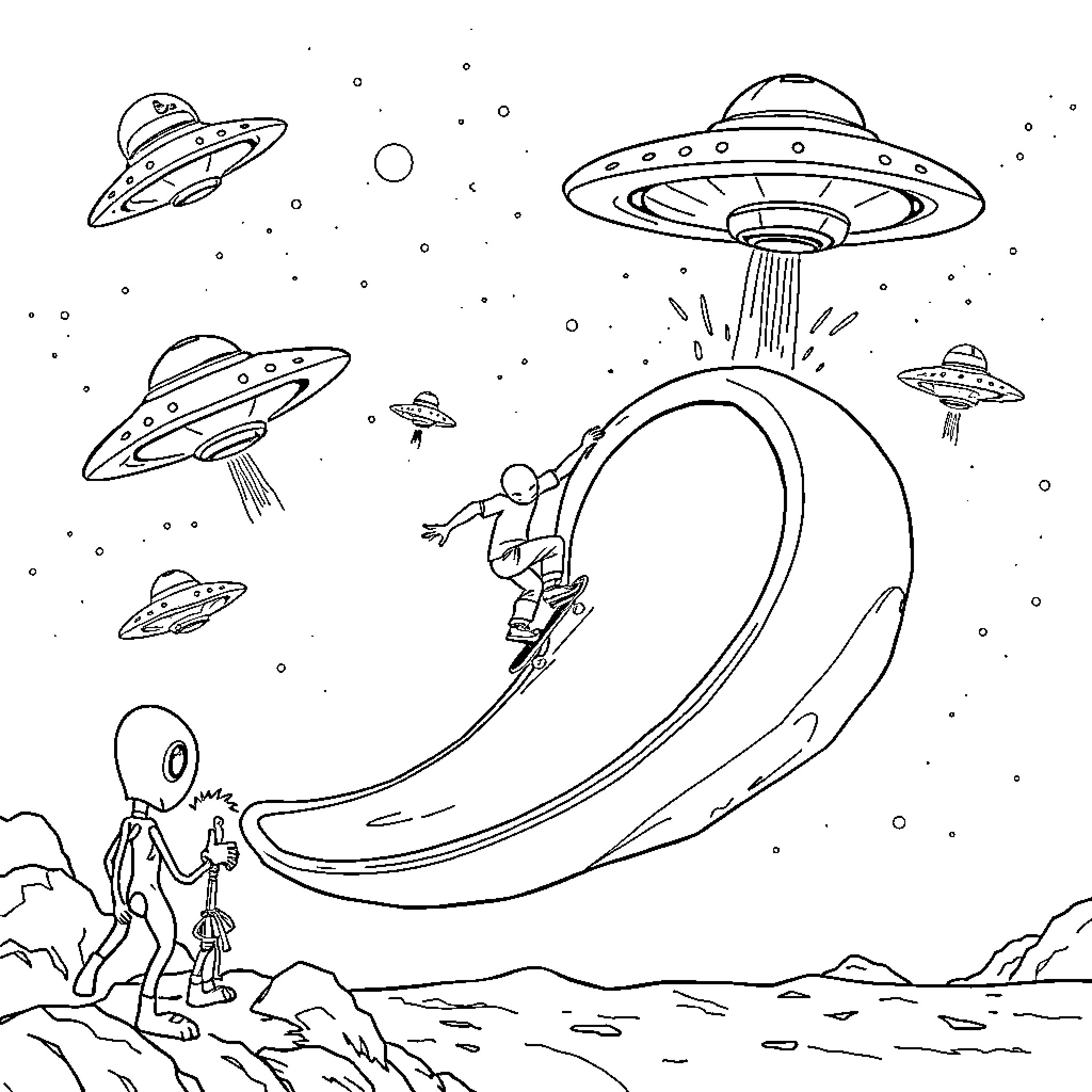 Skateboarder navigating through alien spacecraft in outer space Coloring Page (free black-and-white line drawing printable PDF for all, from beginners to advanced learners, including children, teens, adults, and seniors)
