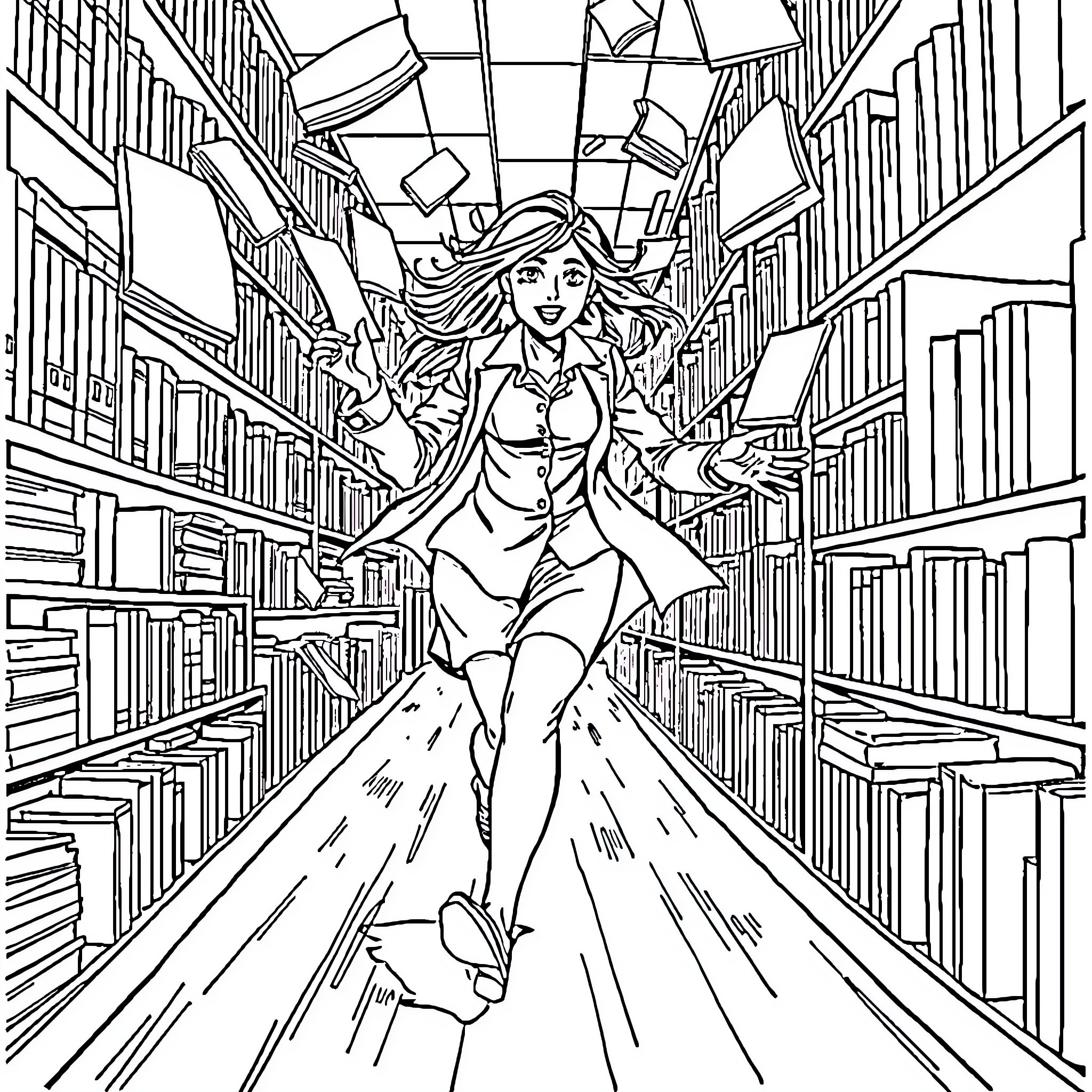 Librarian's joyful discovery in the stacks Coloring Page (free black-and-white line drawing printable PDF for all, from beginners to advanced learners, including children, teens, adults, and seniors)