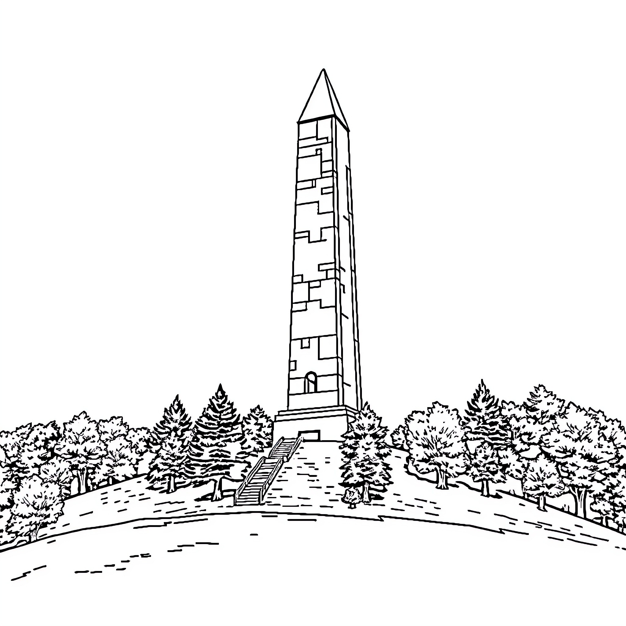 Wallace Monument in a serene landscape Coloring Page (free black-and-white line drawing printable PDF for all, from beginners to advanced learners, including children, teens, adults, and seniors)