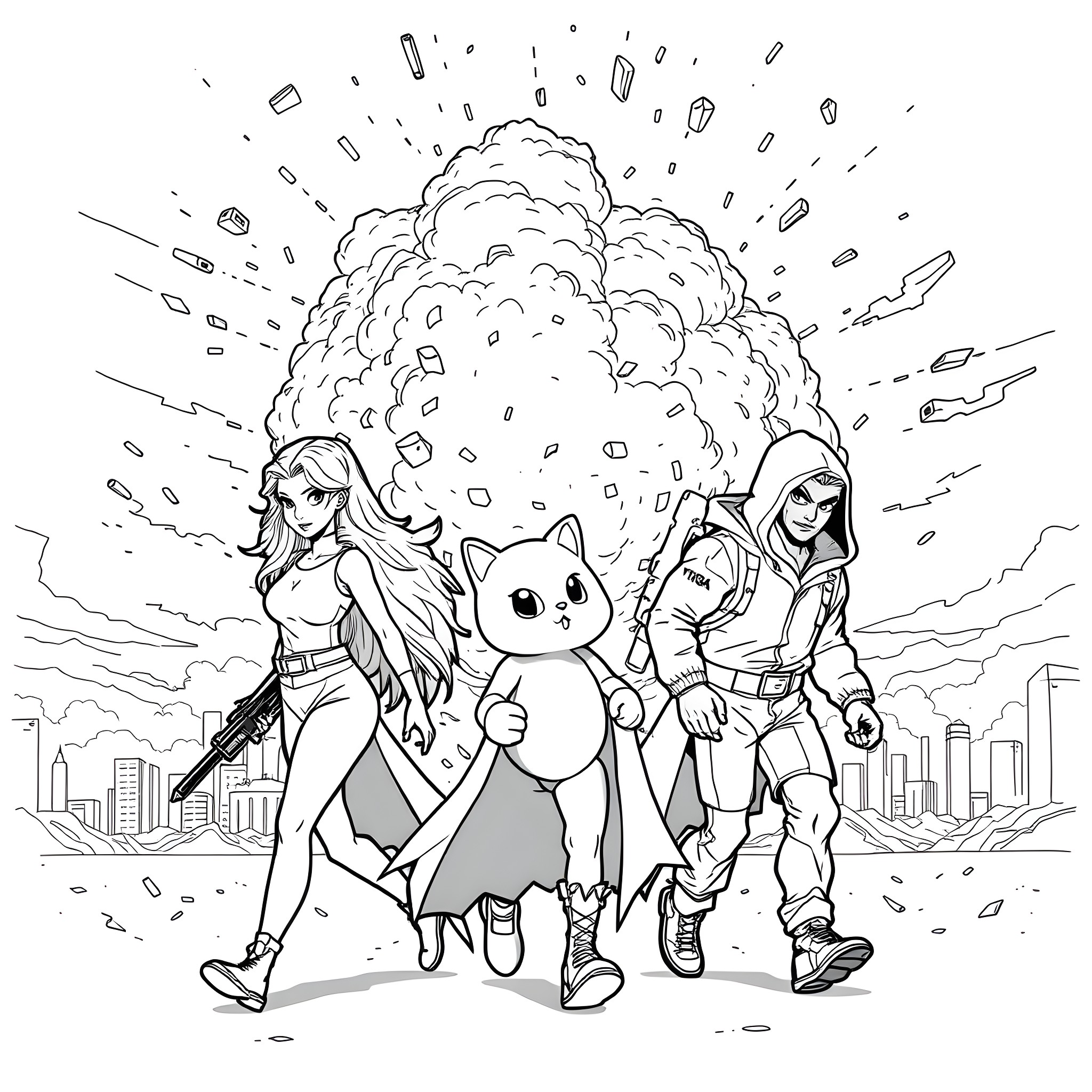 Tua and the heroic duo explore the city Coloring Page (free black-and-white line drawing printable PDF for all, from beginners to advanced learners, including children, teens, adults, and seniors)