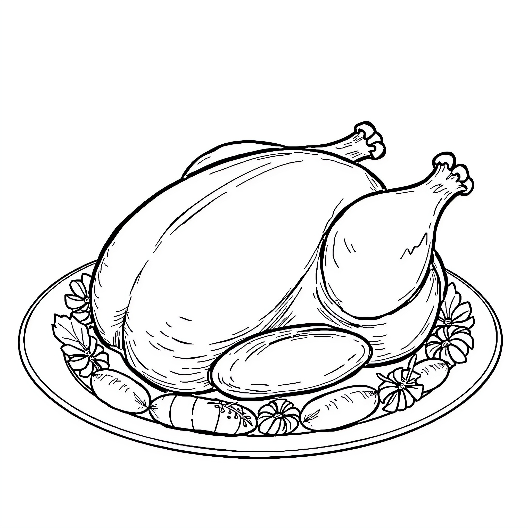 Chicken roasted and ready to serve on a platter Coloring Page (free black-and-white line drawing printable PDF for all, from beginners to advanced learners, including children, teens, adults, and seniors)