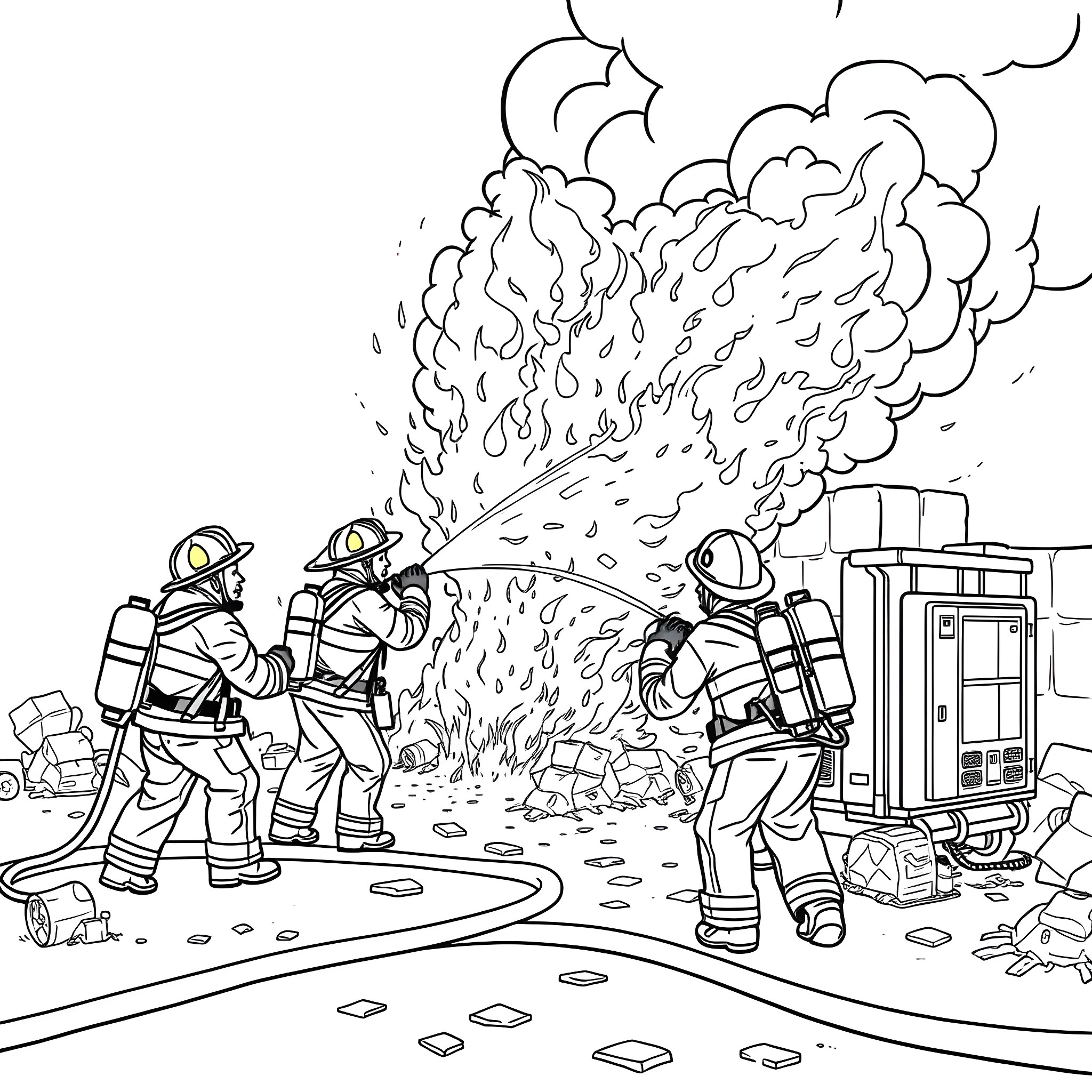 Firefighters Extinguishing Flames at the Scene Coloring Page (free black-and-white line drawing printable PDF for all, from beginners to advanced learners, including children, teens, adults, and seniors)