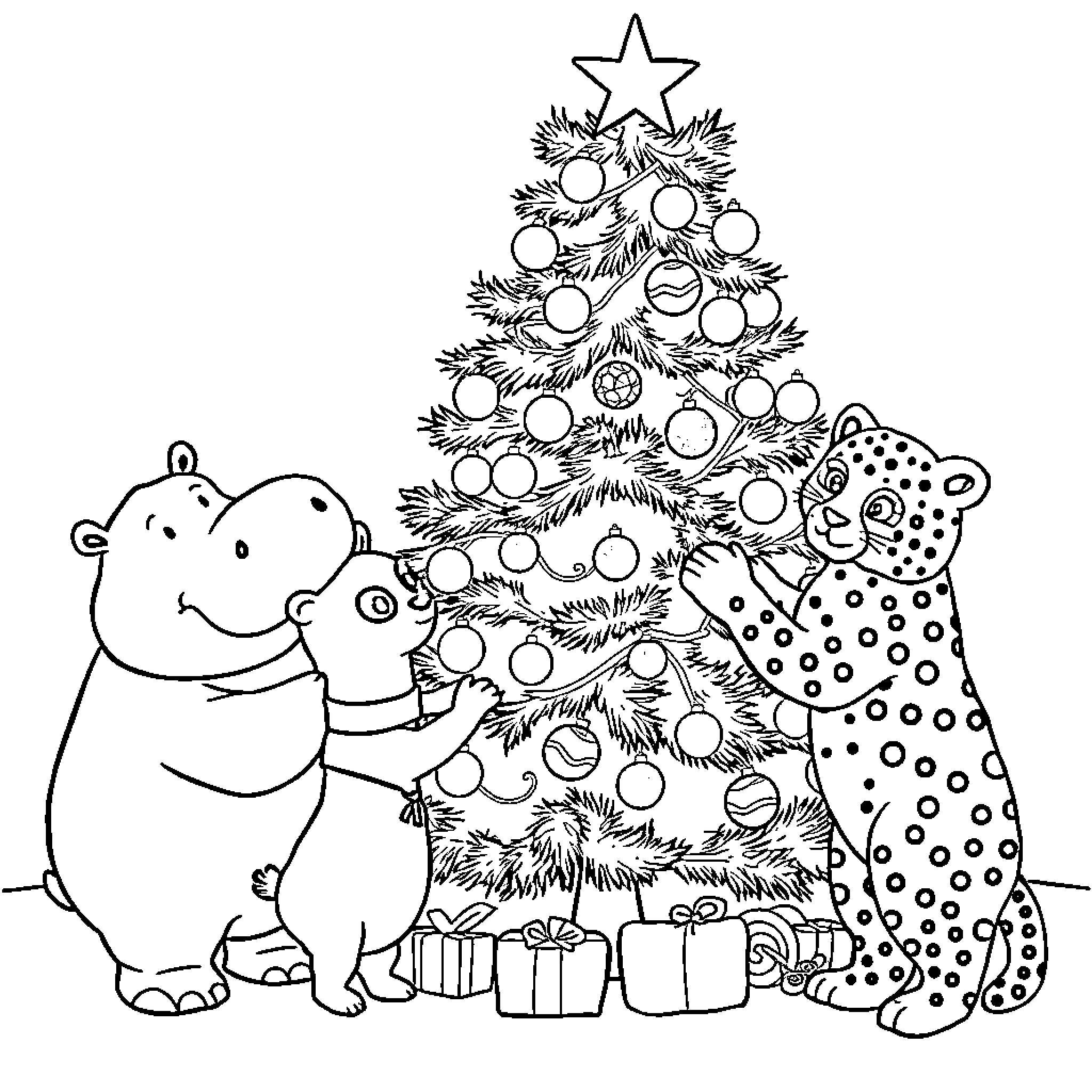 Hippo decorating Christmas tree with family Coloring Page (free black-and-white line drawing printable PDF for all, from beginners to advanced learners, including children, teens, adults, and seniors)