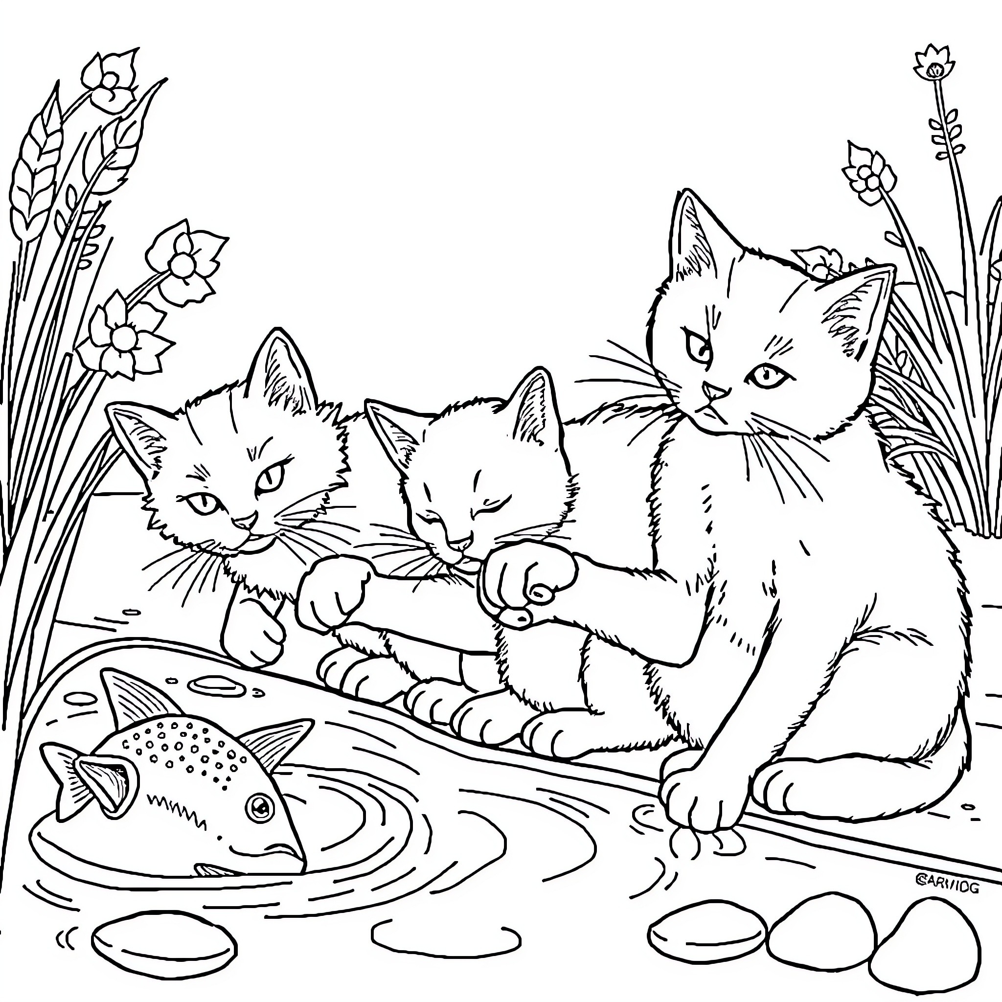 Cat kittens playing by the pond Coloring Page (free black-and-white line drawing printable PDF for all, from beginners to advanced learners, including children, teens, adults, and seniors)