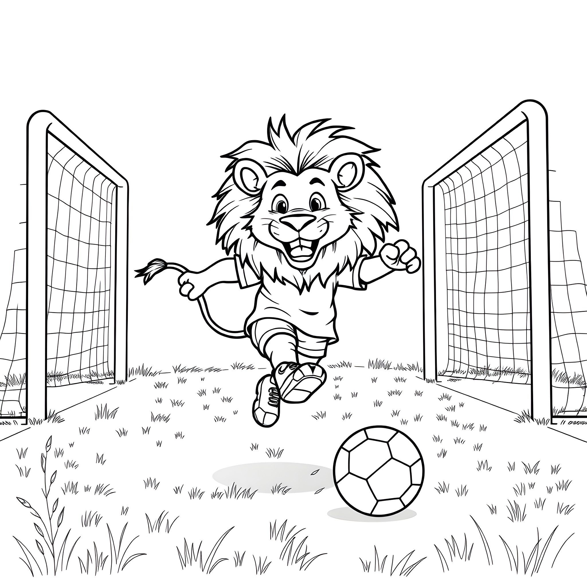 Lion playing soccer joyfully on field Coloring Page (free black-and-white line drawing printable PDF for all, from beginners to advanced learners, including children, teens, adults, and seniors)
