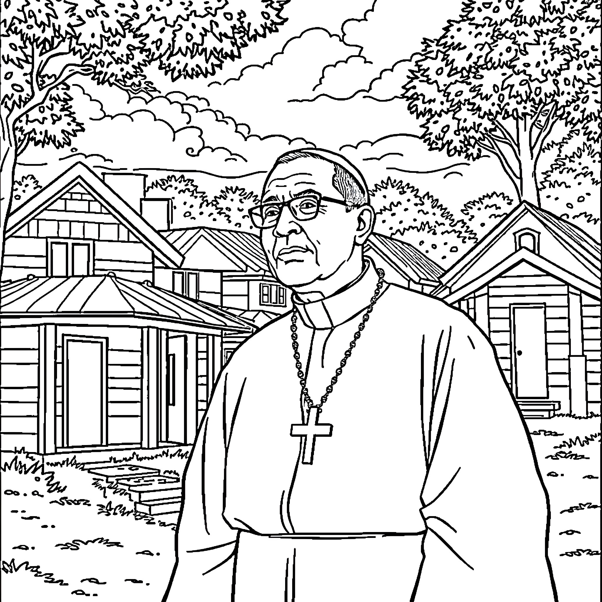 Archbishop Romero standing amidst a rural community Coloring Page (free black-and-white line drawing printable PDF for all, from beginners to advanced learners, including children, teens, adults, and seniors)