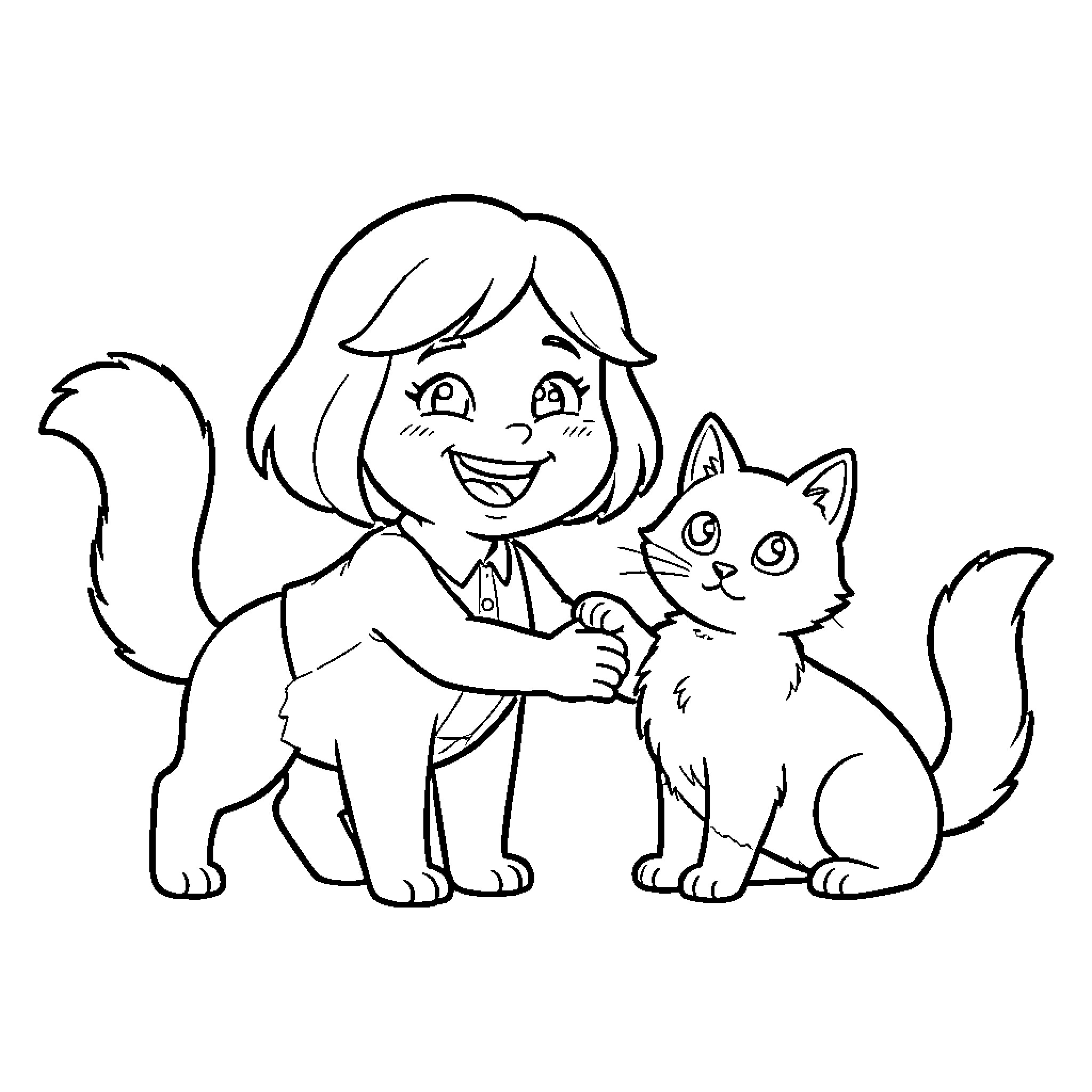 Arielle smiling while holding hands with a cat Coloring Page (free black-and-white line drawing printable PDF for all, from beginners to advanced learners, including children, teens, adults, and seniors)