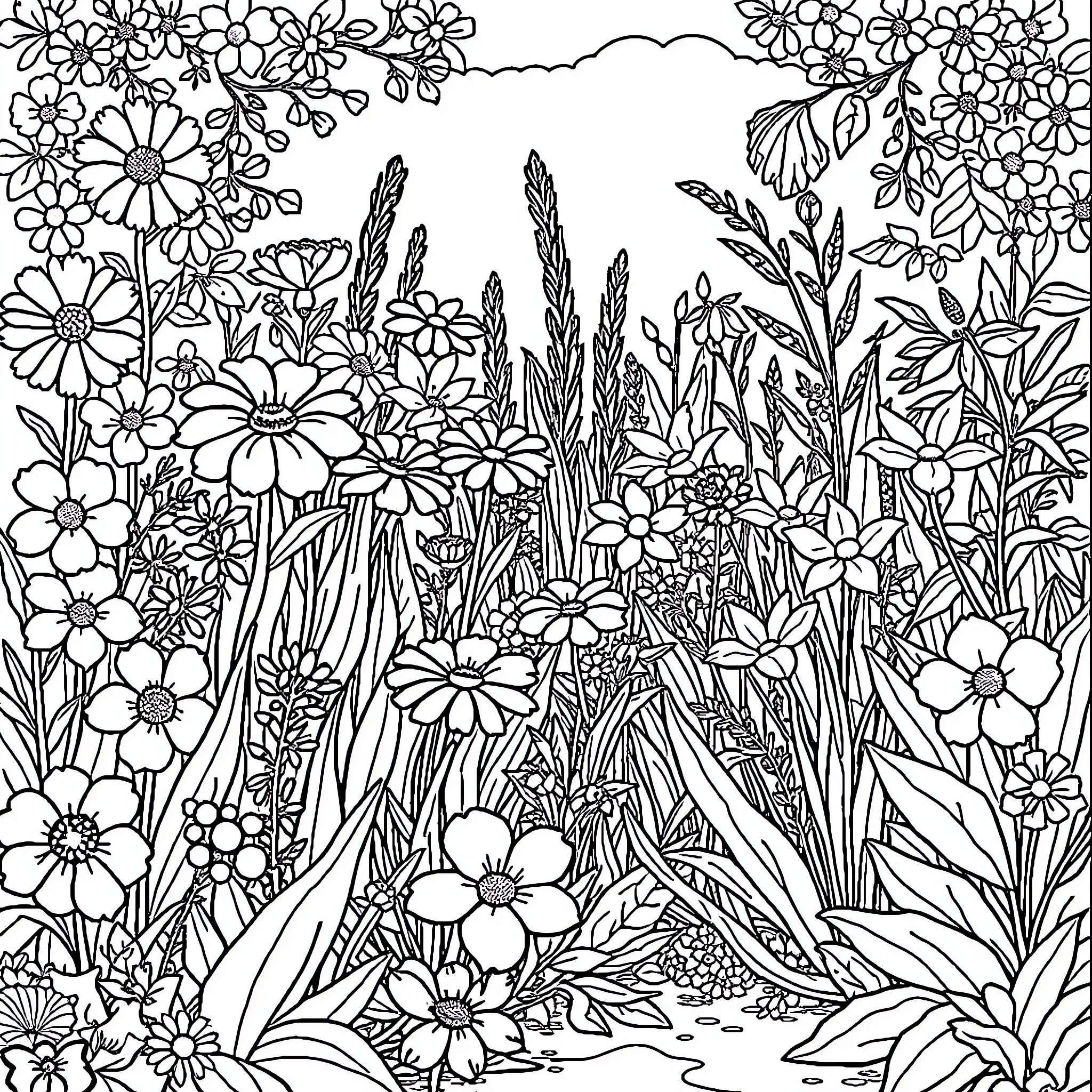 Garden filled with blooming flowers and foliage Coloring Page (free black-and-white line drawing printable PDF for all, from beginners to advanced learners, including children, teens, adults, and seniors)