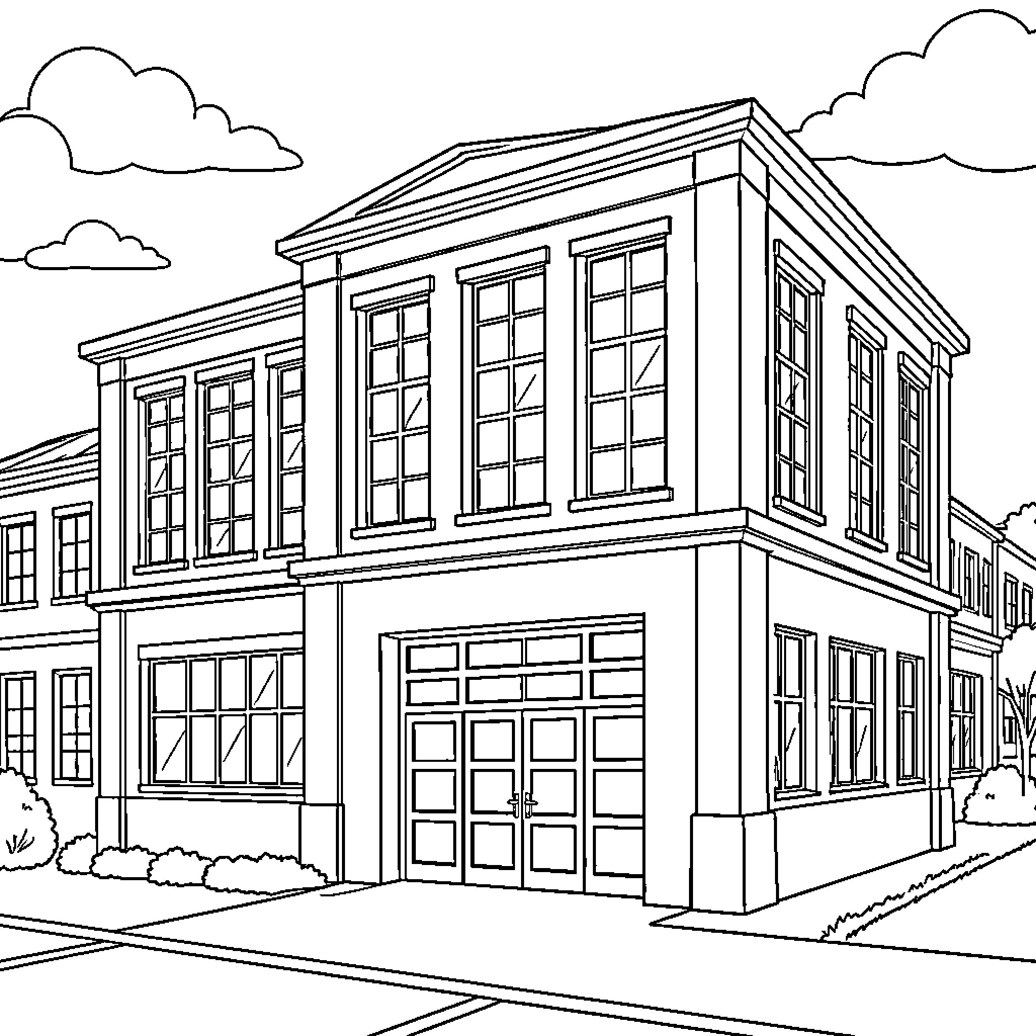 Building standing tall under a cloudy sky Coloring Page (free black-and-white line drawing printable PDF for all, from beginners to advanced learners, including children, teens, adults, and seniors)