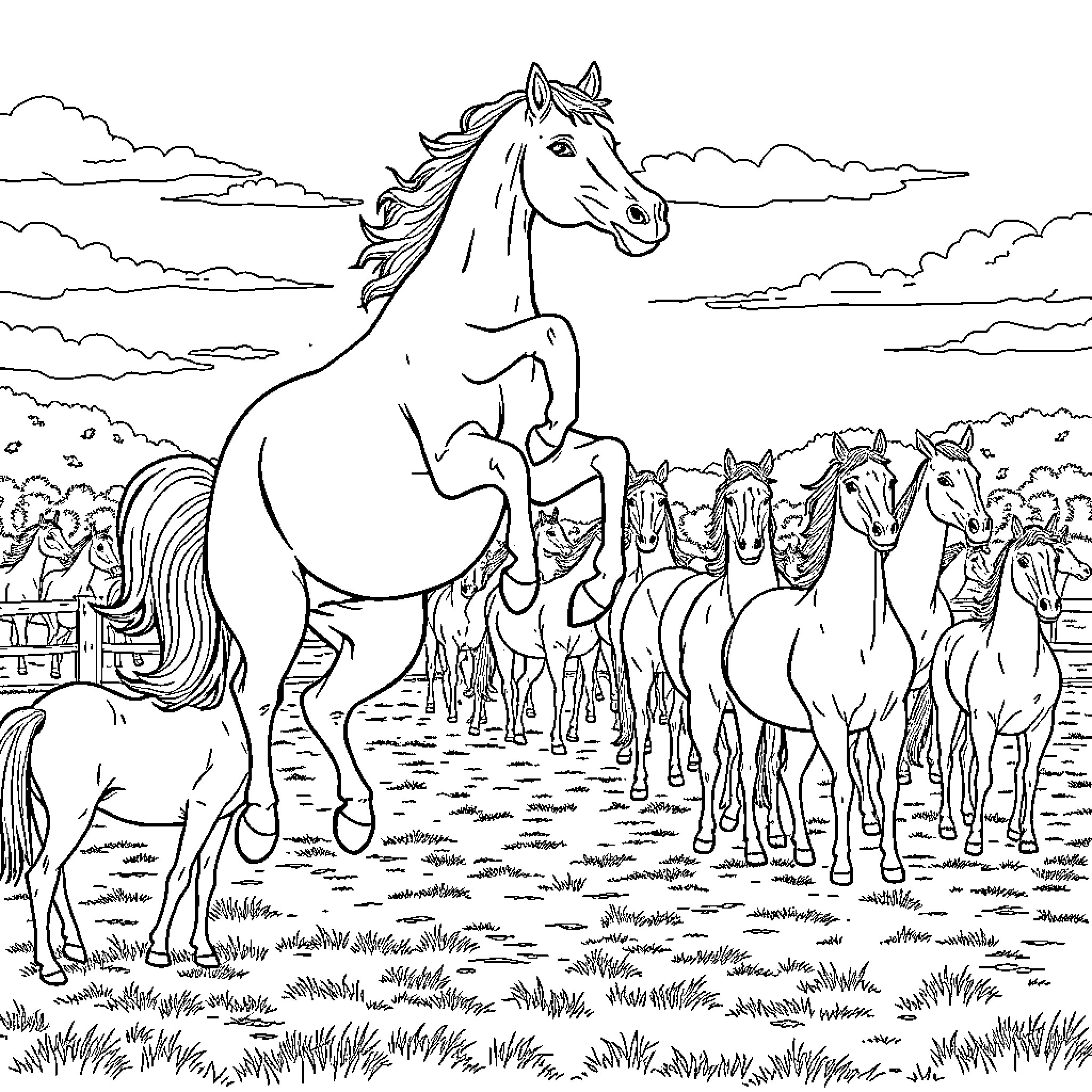 Horse herd galloping freely in open field Coloring Page (free black-and-white line drawing printable PDF for all, from beginners to advanced learners, including children, teens, adults, and seniors)