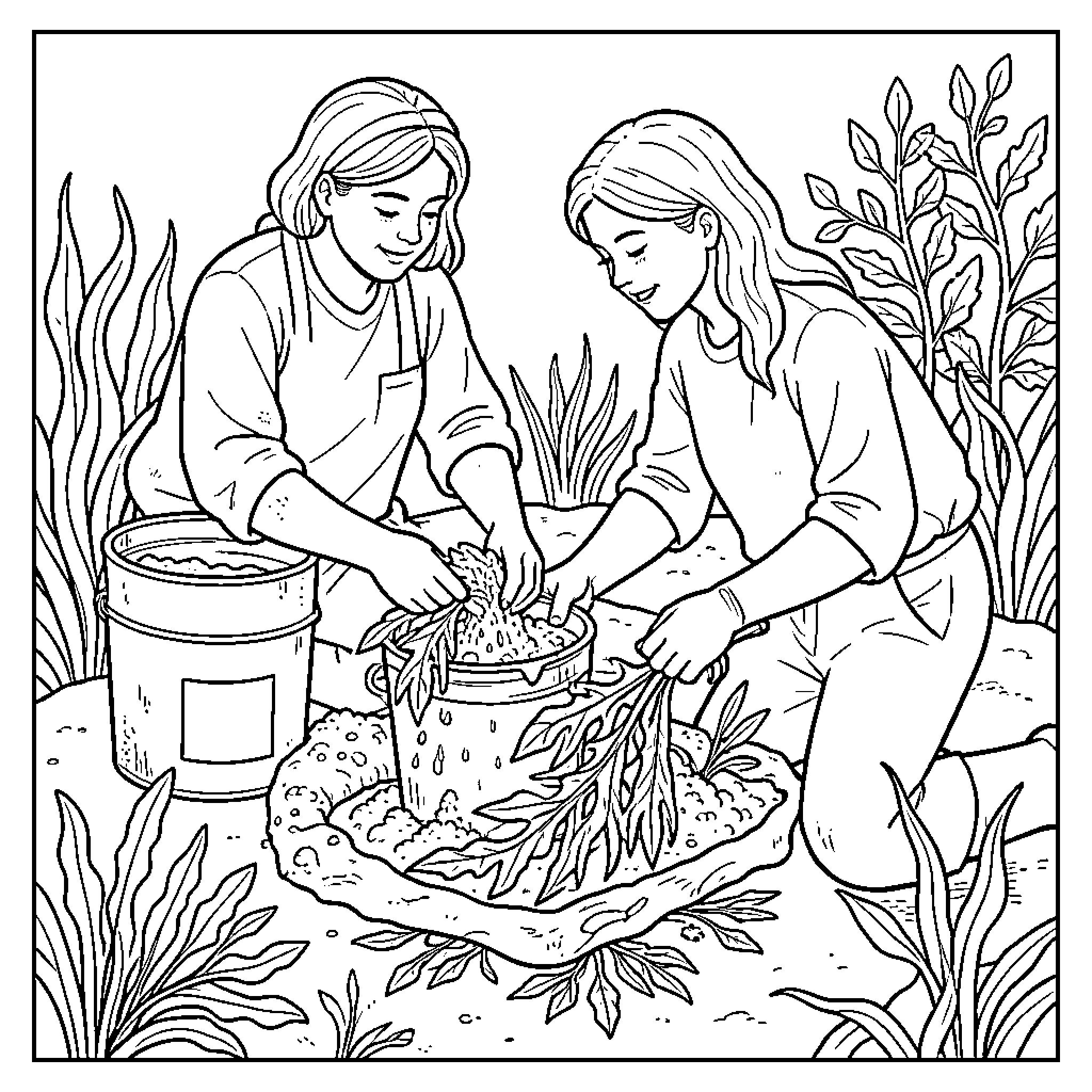 Seaweed harvesting by two girls in a garden Coloring Page (free black-and-white line drawing printable PDF for all, from beginners to advanced learners, including children, teens, adults, and seniors)