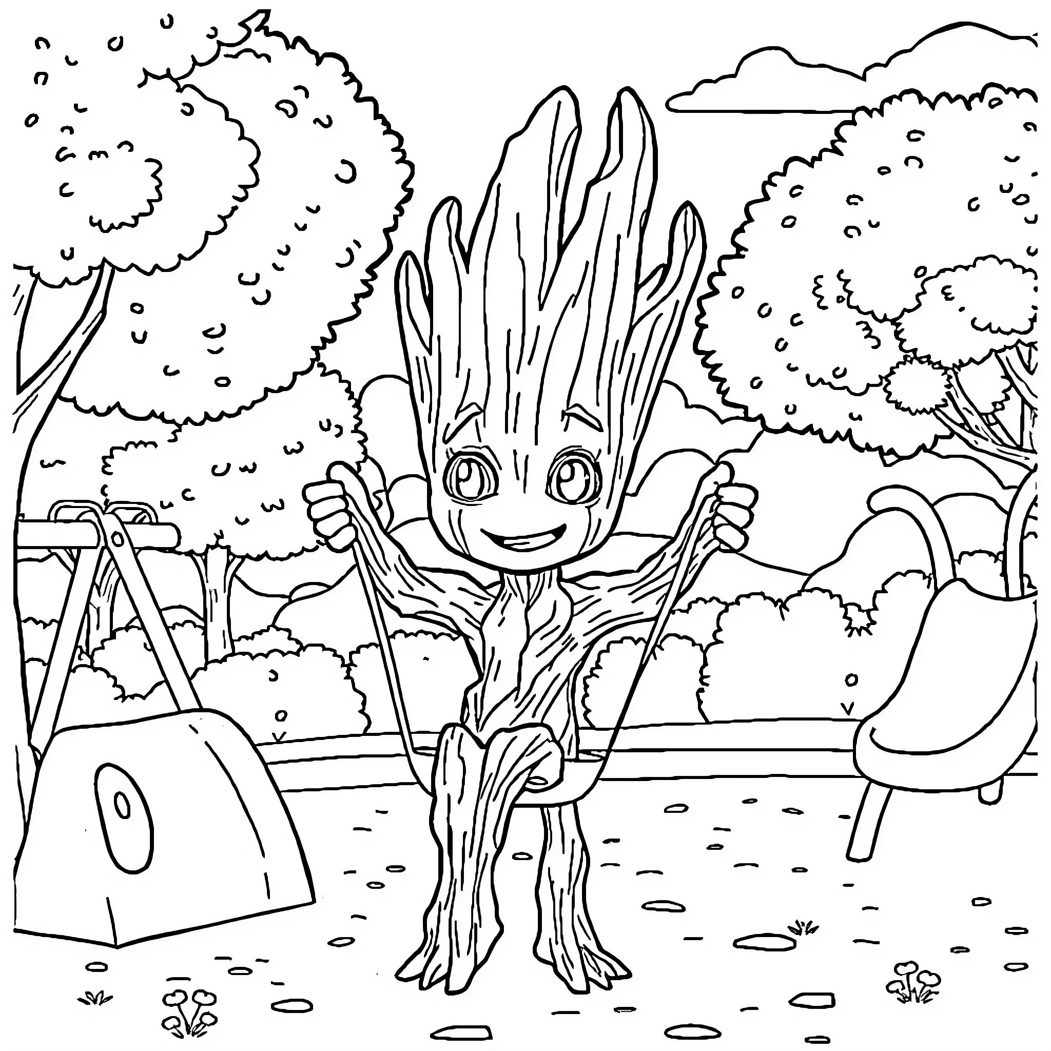 Groot exploring the whimsical playground Coloring Page (free black-and-white line drawing printable PDF for all, from beginners to advanced learners, including children, teens, adults, and seniors)