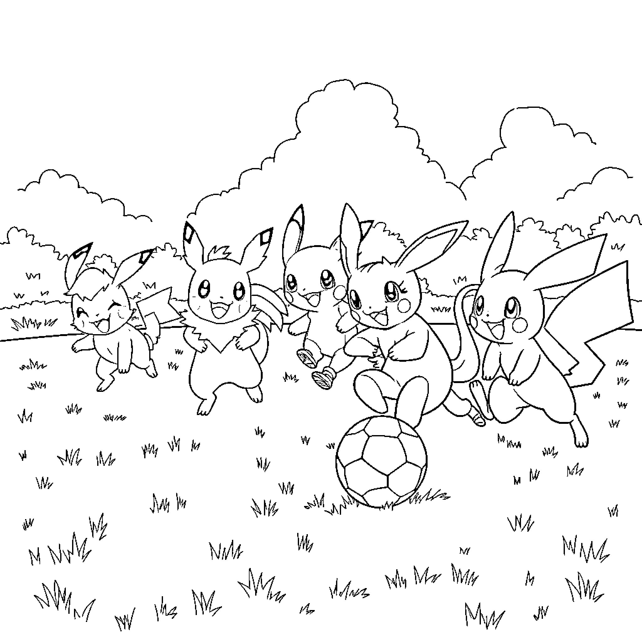 Pokémon characters playing together on a grassy field Coloring Page (free black-and-white line drawing printable PDF for all, from beginners to advanced learners, including children, teens, adults, and seniors)