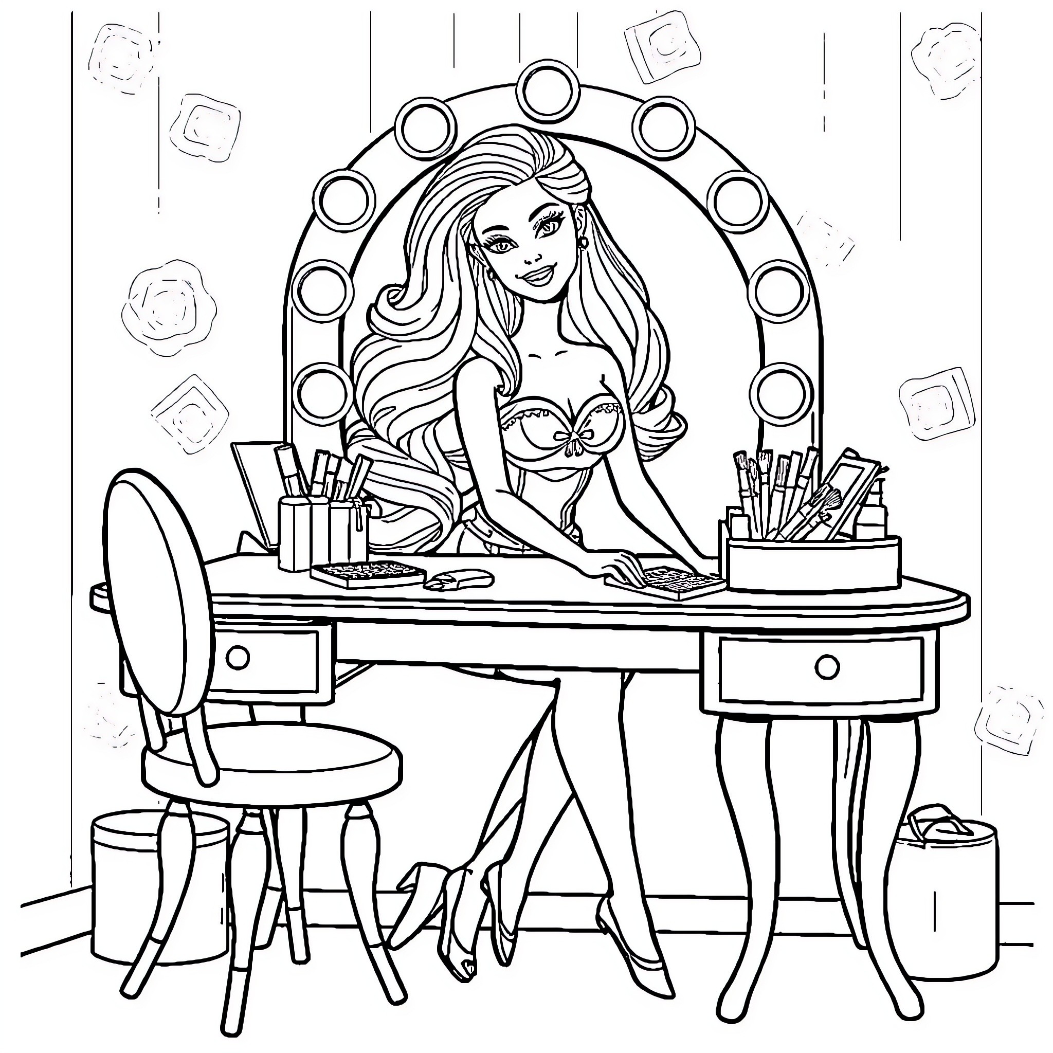 Barbie Getting Ready at Her Vanity Coloring Page (free black-and-white line drawing printable PDF for all, from beginners to advanced learners, including children, teens, adults, and seniors)