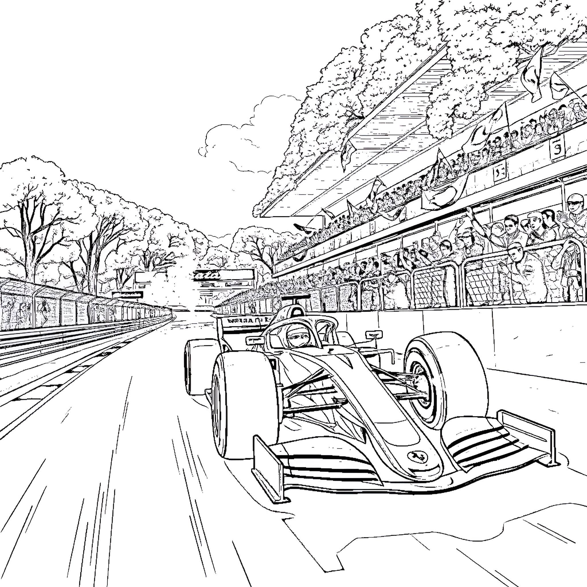 Formula 1 Car Racing on Track with Spectators Coloring Page (free black-and-white line drawing printable PDF for all, from beginners to advanced learners, including children, teens, adults, and seniors)