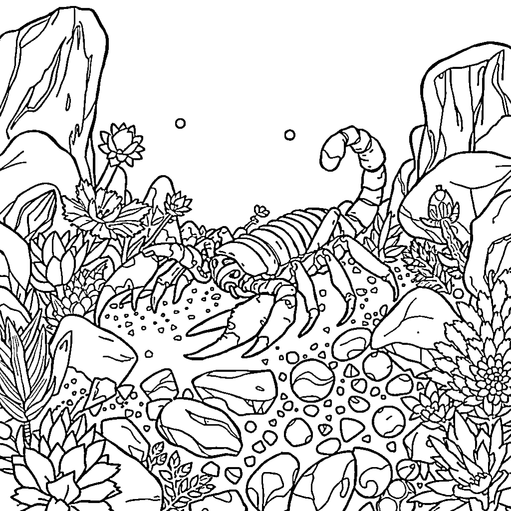 Scorpion amid vibrant underwater scene Coloring Page (free black-and-white line drawing printable PDF for all, from beginners to advanced learners, including children, teens, adults, and seniors)