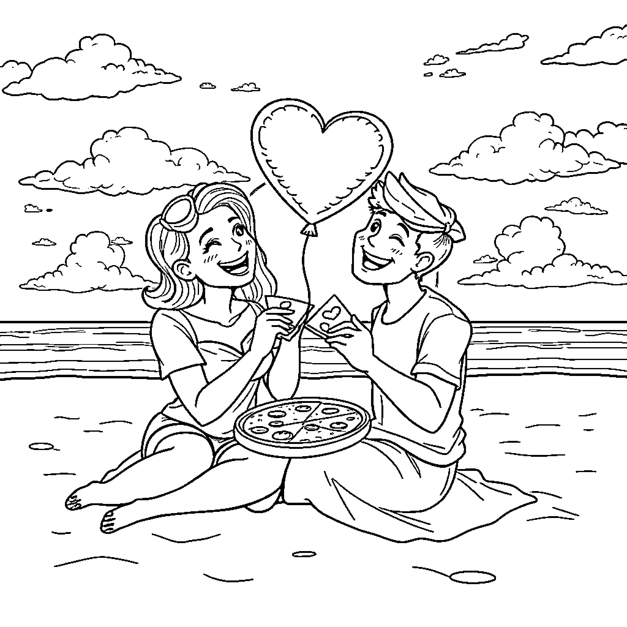 Couple Enjoying a Romantic Picnic on the Beach Coloring Page (free black-and-white line drawing printable PDF for all, from beginners to advanced learners, including children, teens, adults, and seniors)