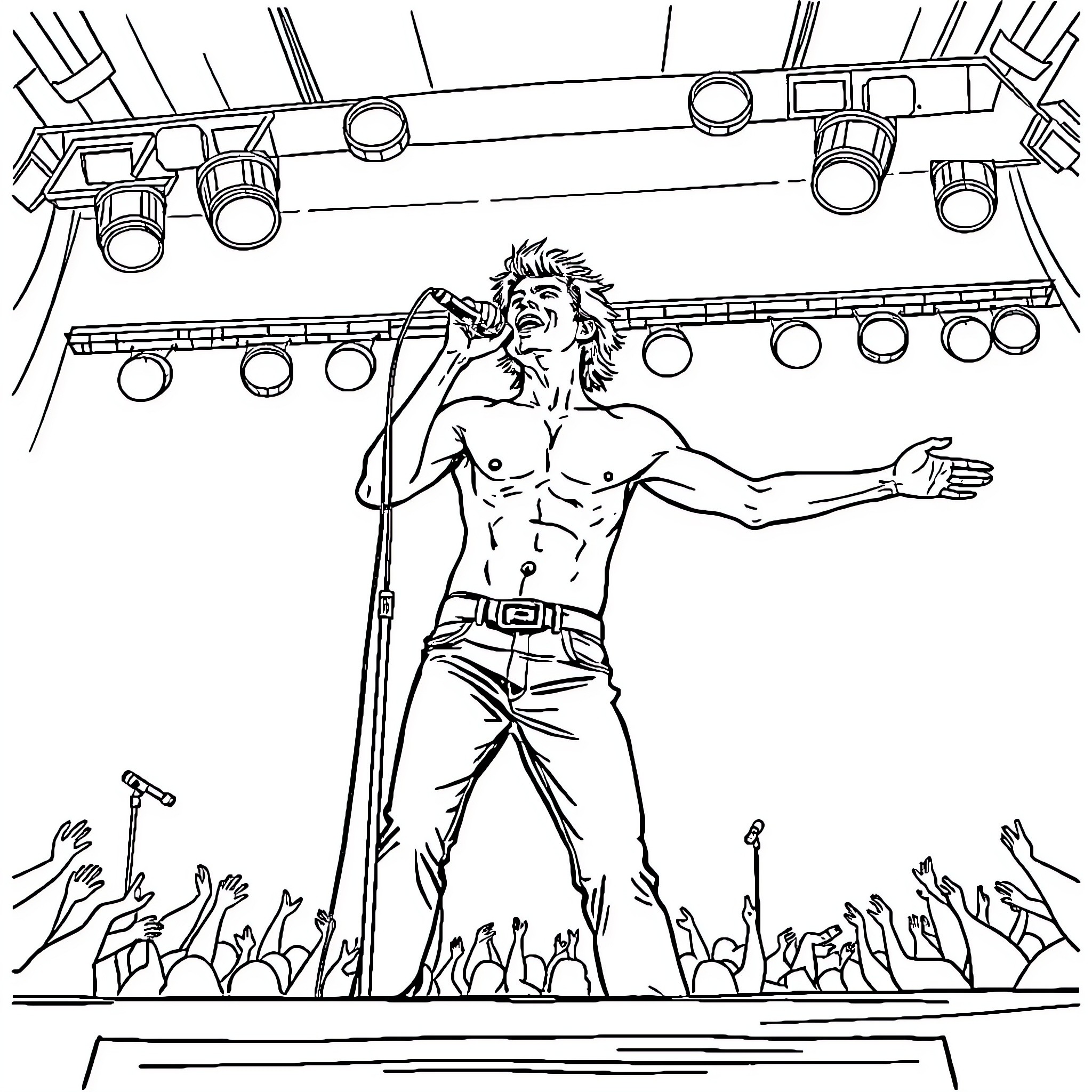 Singer performing on stage with excited crowd Coloring Page (free black-and-white line drawing printable PDF for all, from beginners to advanced learners, including children, teens, adults, and seniors)