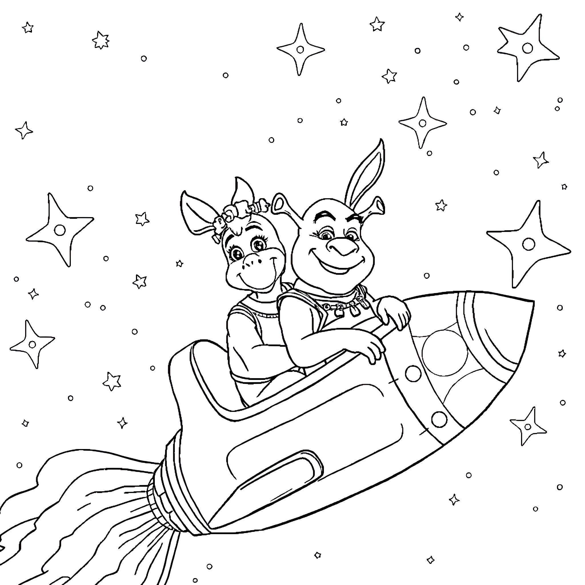 Shrek and Donkey ride a rocket through the starry sky Coloring Page (free black-and-white line drawing printable PDF for all, from beginners to advanced learners, including children, teens, adults, and seniors)