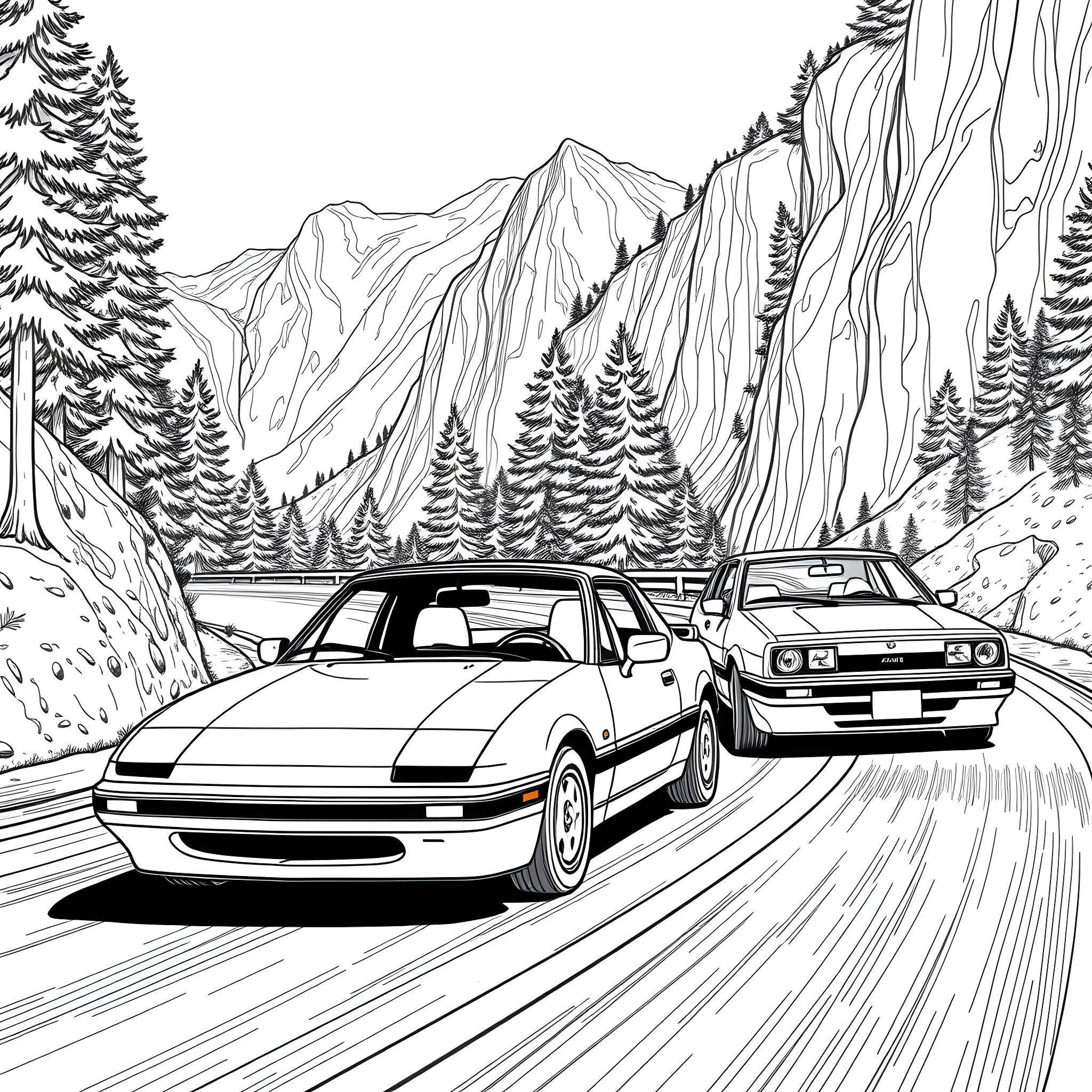 Miata sports cars racing through the mountain road Coloring Page (free black-and-white line drawing printable PDF for all, from beginners to advanced learners, including children, teens, adults, and seniors)
