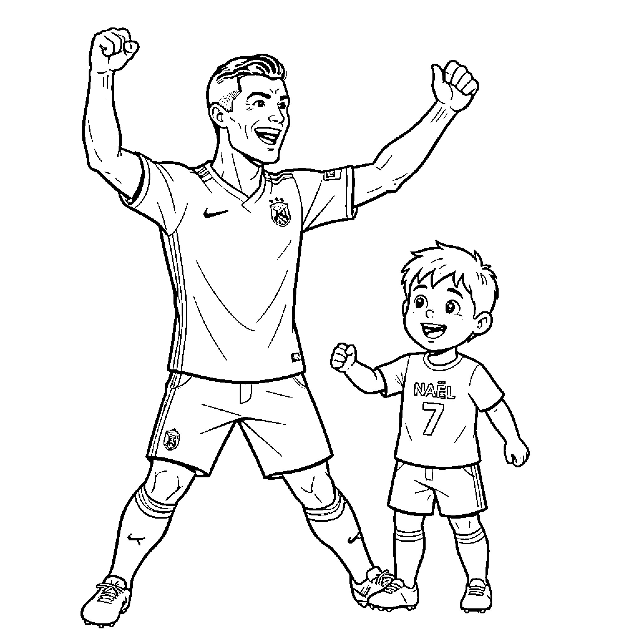 Cristiano Ronaldo celebrating a victory with a young boy Coloring Page (free black-and-white line drawing printable PDF for all, from beginners to advanced learners, including children, teens, adults, and seniors)