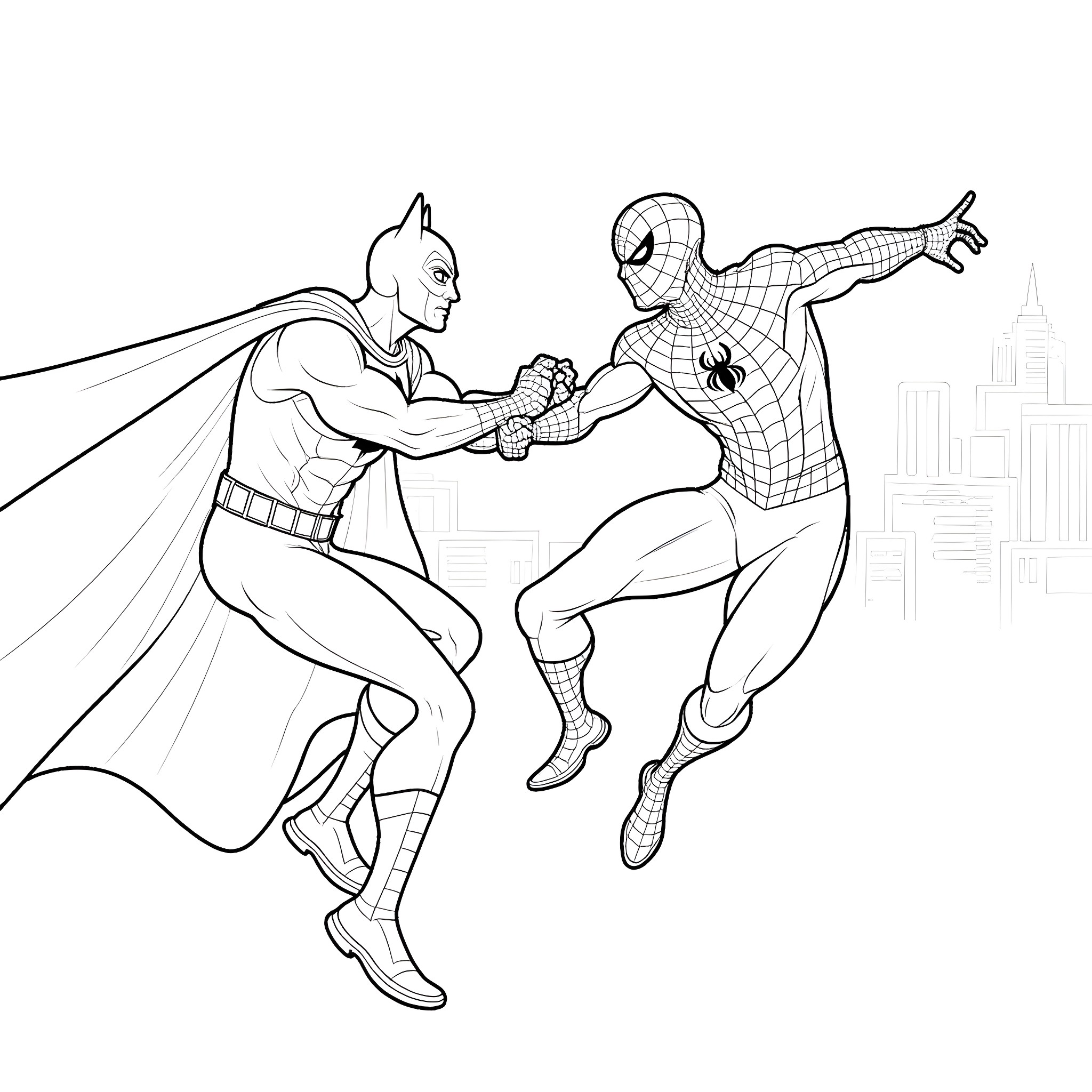 Spider-Man and Batman Clash in the City Coloring Page (free black-and-white line drawing printable PDF for all, from beginners to advanced learners, including children, teens, adults, and seniors)