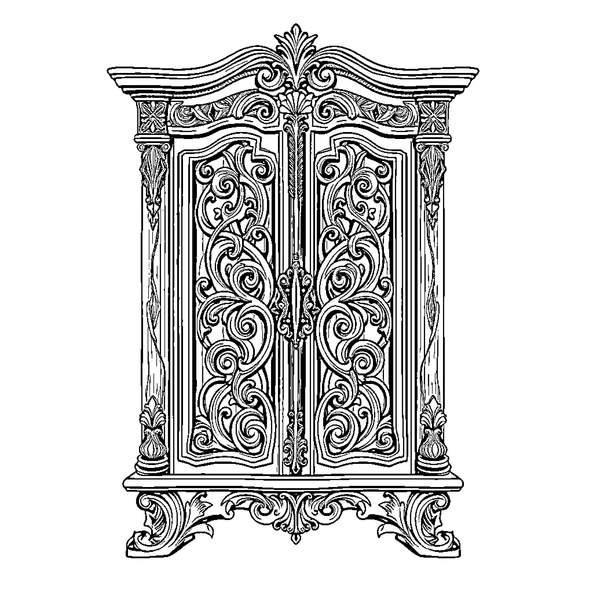 Cabinet with Intricate Floral Carvings Coloring Page (free black-and-white line drawing printable PDF for all, from beginners to advanced learners, including children, teens, adults, and seniors)
