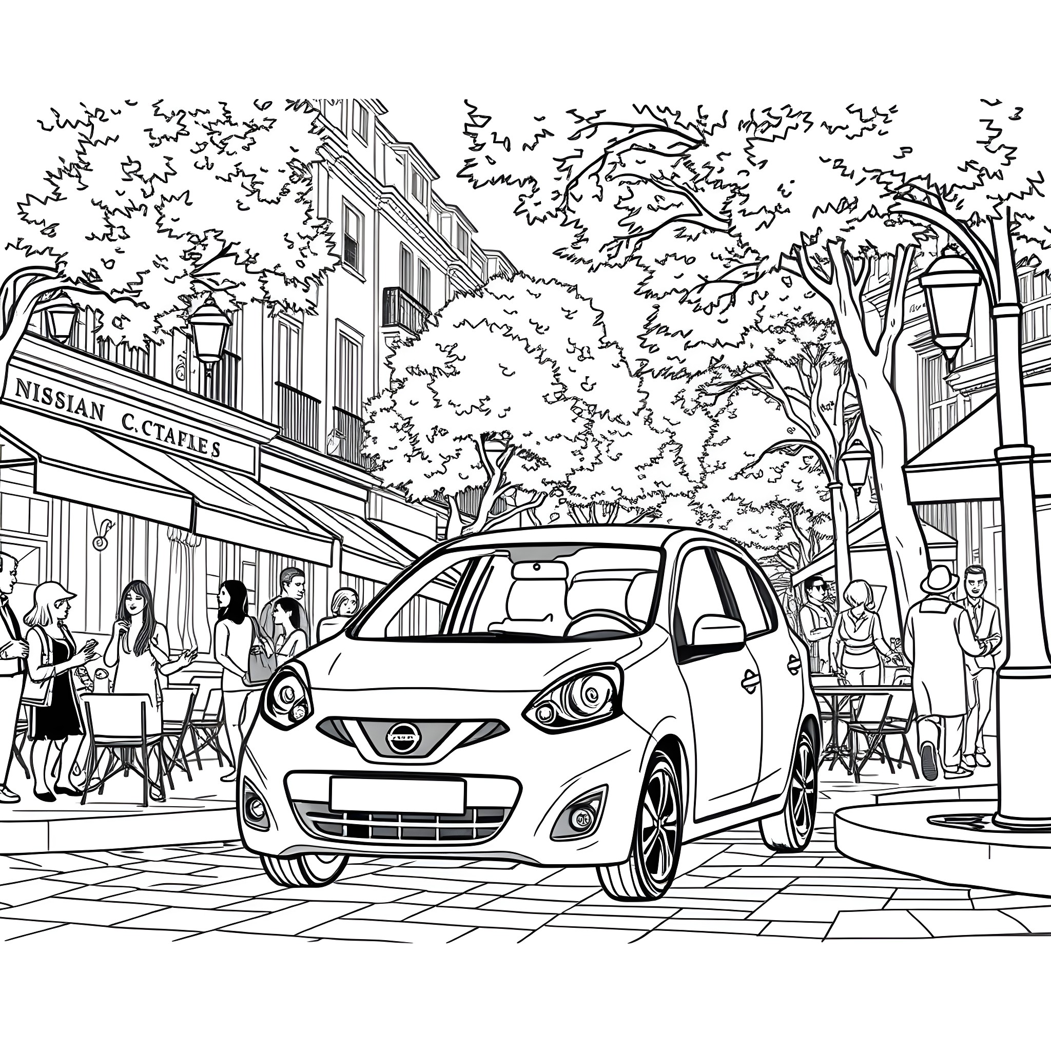 Nissan Micra driving through a lively urban street Coloring Page (free black-and-white line drawing printable PDF for all, from beginners to advanced learners, including children, teens, adults, and seniors)