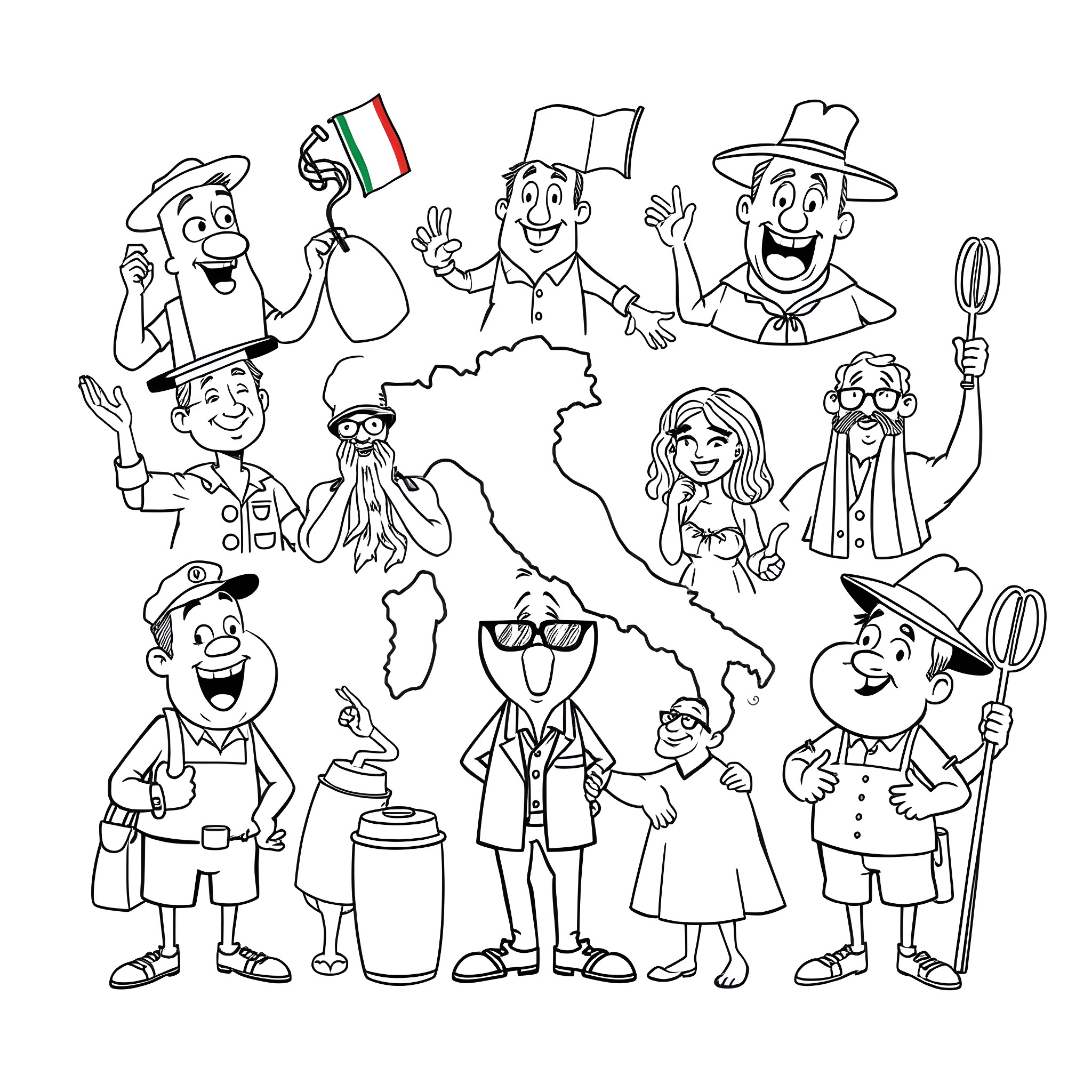 Meme of diverse characters in various occupations and activities Coloring Page (free black-and-white line drawing printable PDF for all, from beginners to advanced learners, including children, teens, adults, and seniors)