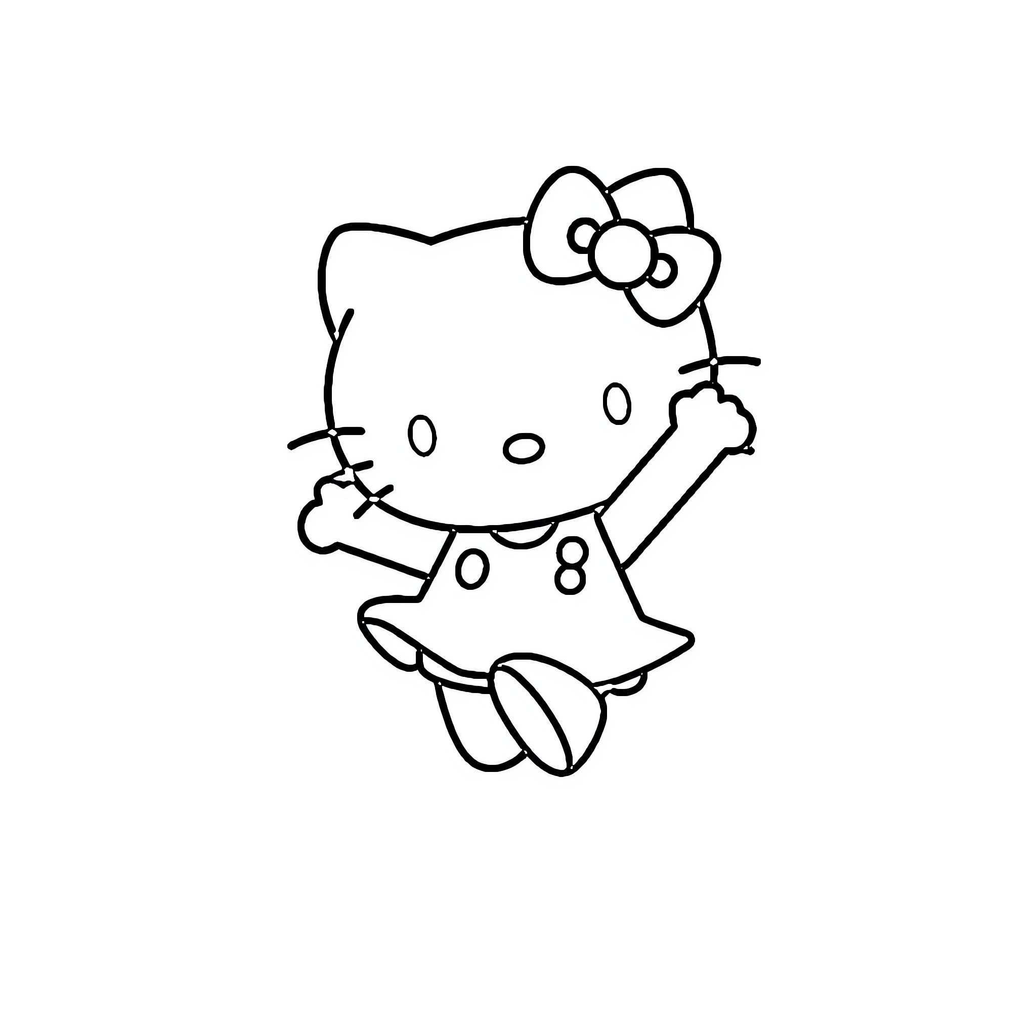 Hello Kitty dancing happily Coloring Page (free black-and-white line drawing printable PDF for all, from beginners to advanced learners, including children, teens, adults, and seniors)