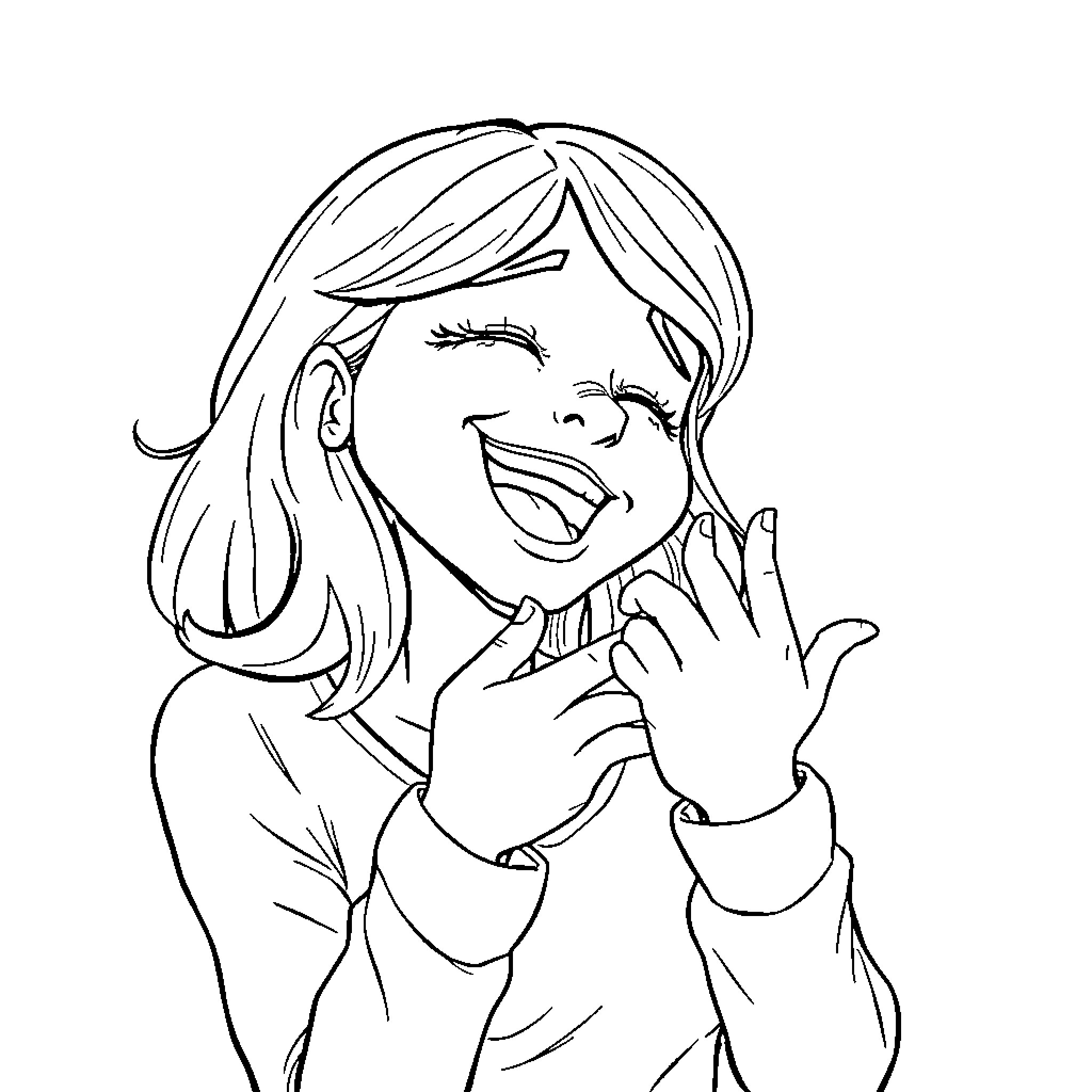 Sarah excitedly gesturing with a smile Coloring Page (free black-and-white line drawing printable PDF for all, from beginners to advanced learners, including children, teens, adults, and seniors)