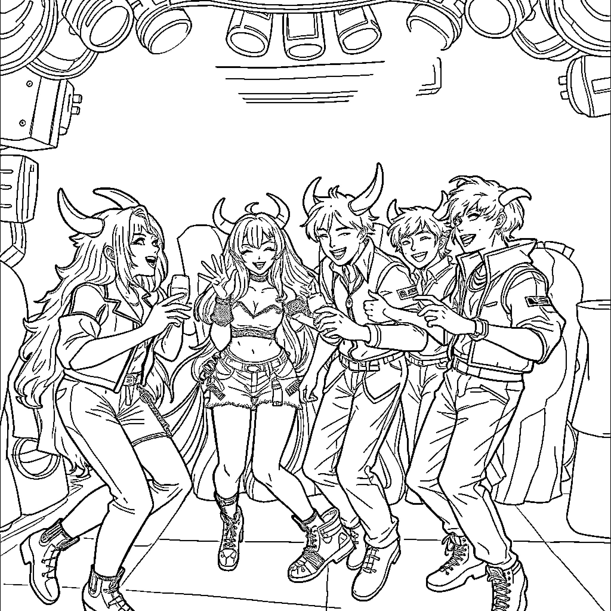 Huntrix: Adventurous Group Exploration Coloring Page (free black-and-white line drawing printable PDF for all, from beginners to advanced learners, including children, teens, adults, and seniors)