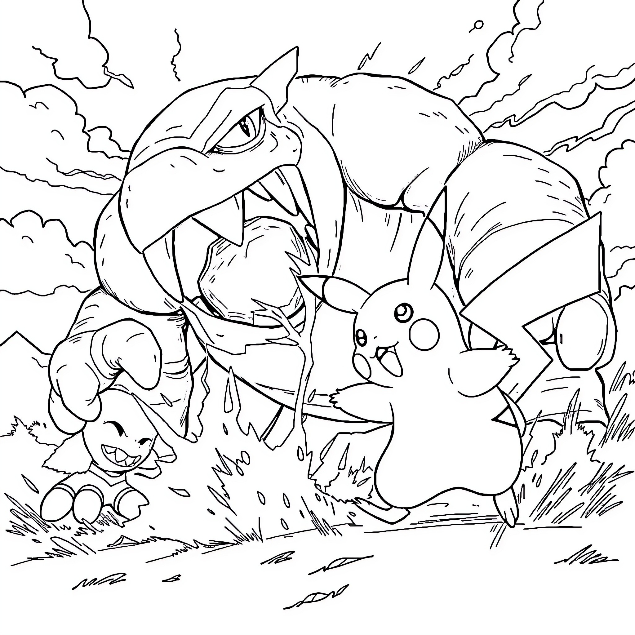 Pikachu and Pokemon Friends in Stormy Landscape Coloring Page (free black-and-white line drawing printable PDF for all, from beginners to advanced learners, including children, teens, adults, and seniors)