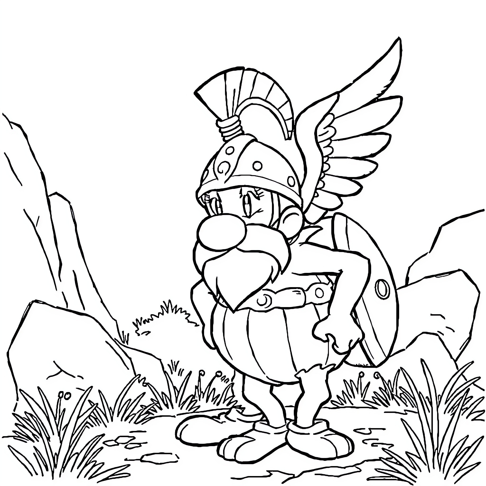 Asterix the Gallic Warrior in Fantastical Adventure Coloring Page (free black-and-white line drawing printable PDF for all, from beginners to advanced learners, including children, teens, adults, and seniors)