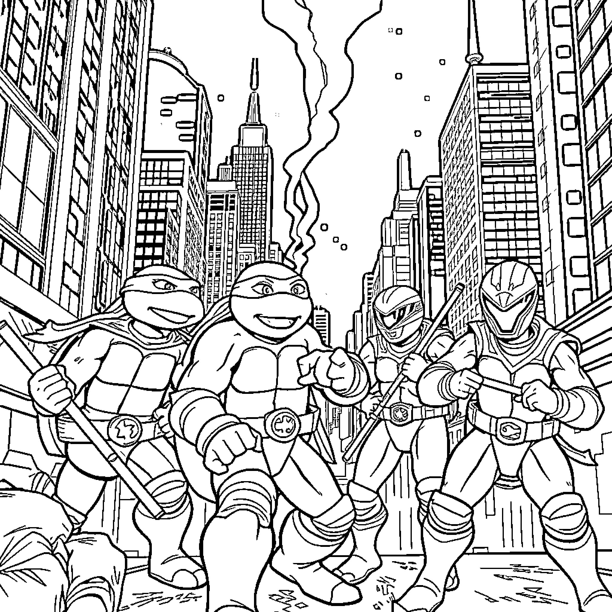 Teenage Mutant Ninja Turtles Exploring the City Coloring Page (free black-and-white line drawing printable PDF for all, from beginners to advanced learners, including children, teens, adults, and seniors)