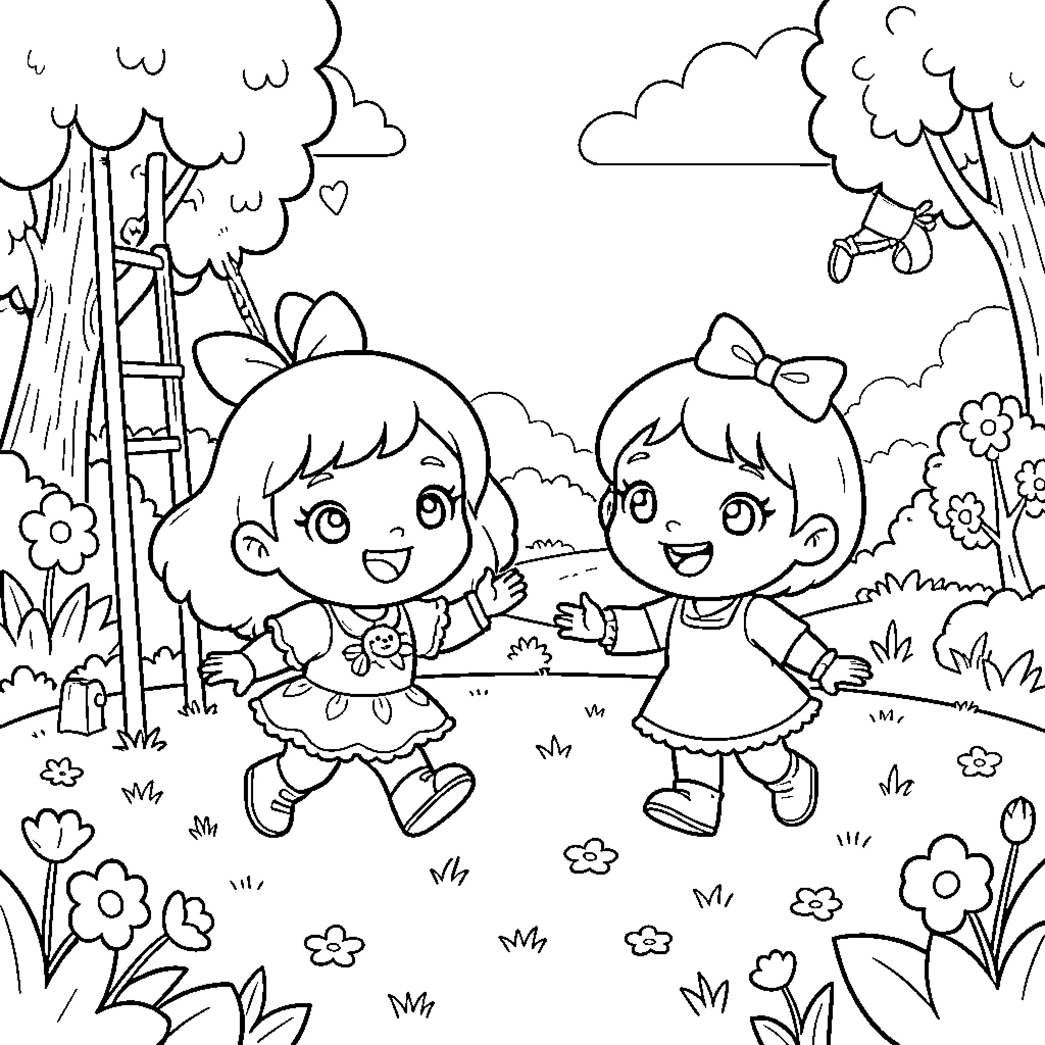 Kiki and friend dancing happily in a garden Coloring Page (free black-and-white line drawing printable PDF for all, from beginners to advanced learners, including children, teens, adults, and seniors)