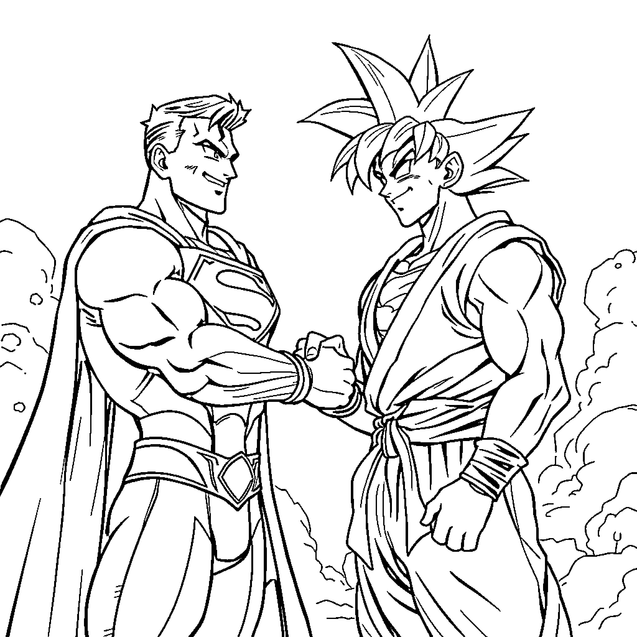Superman and Goku shaking hands in a dramatic scene Coloring Page (free black-and-white line drawing printable PDF for all, from beginners to advanced learners, including children, teens, adults, and seniors)