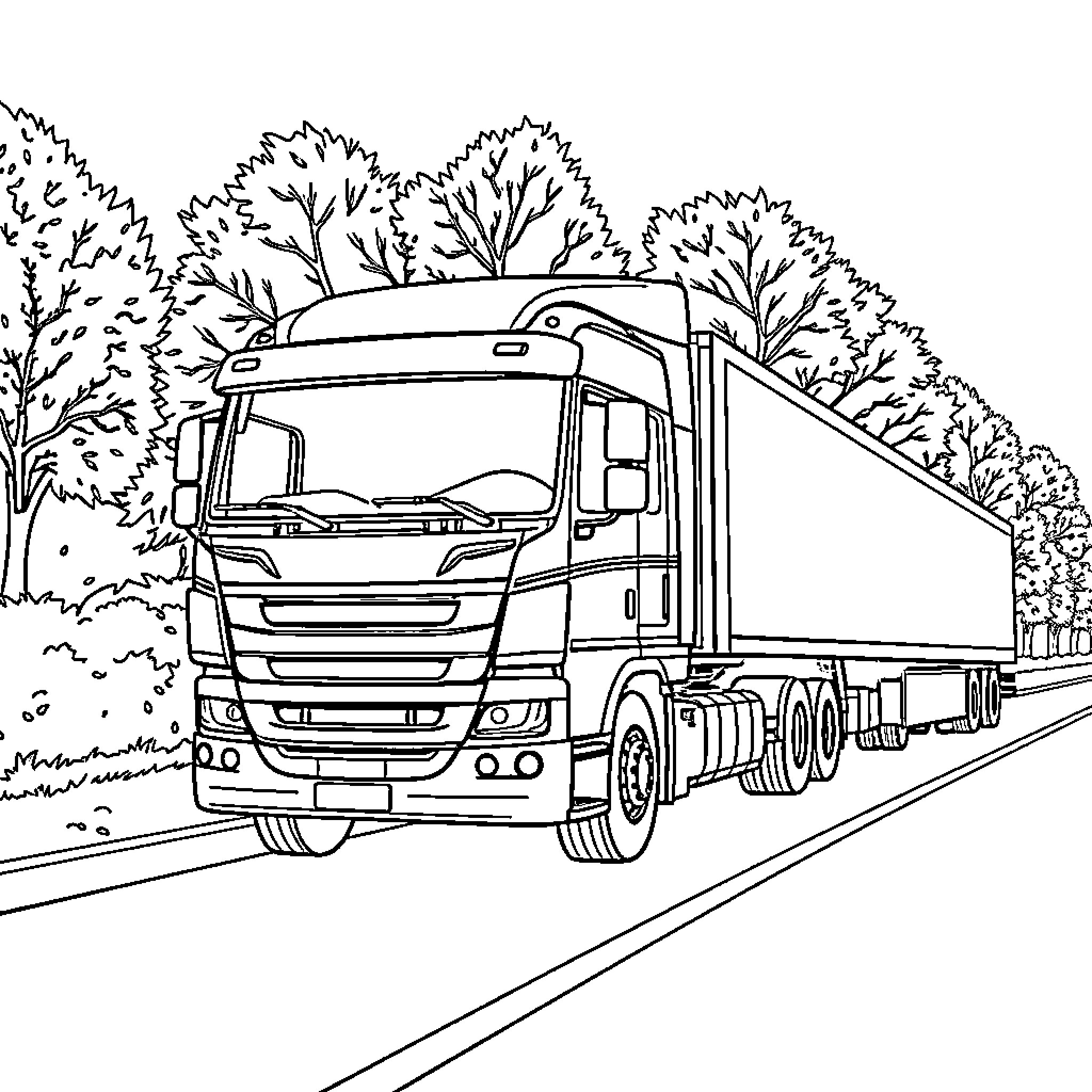 Lorry carrying cargo along the road through trees Coloring Page (free black-and-white line drawing printable PDF for all, from beginners to advanced learners, including children, teens, adults, and seniors)