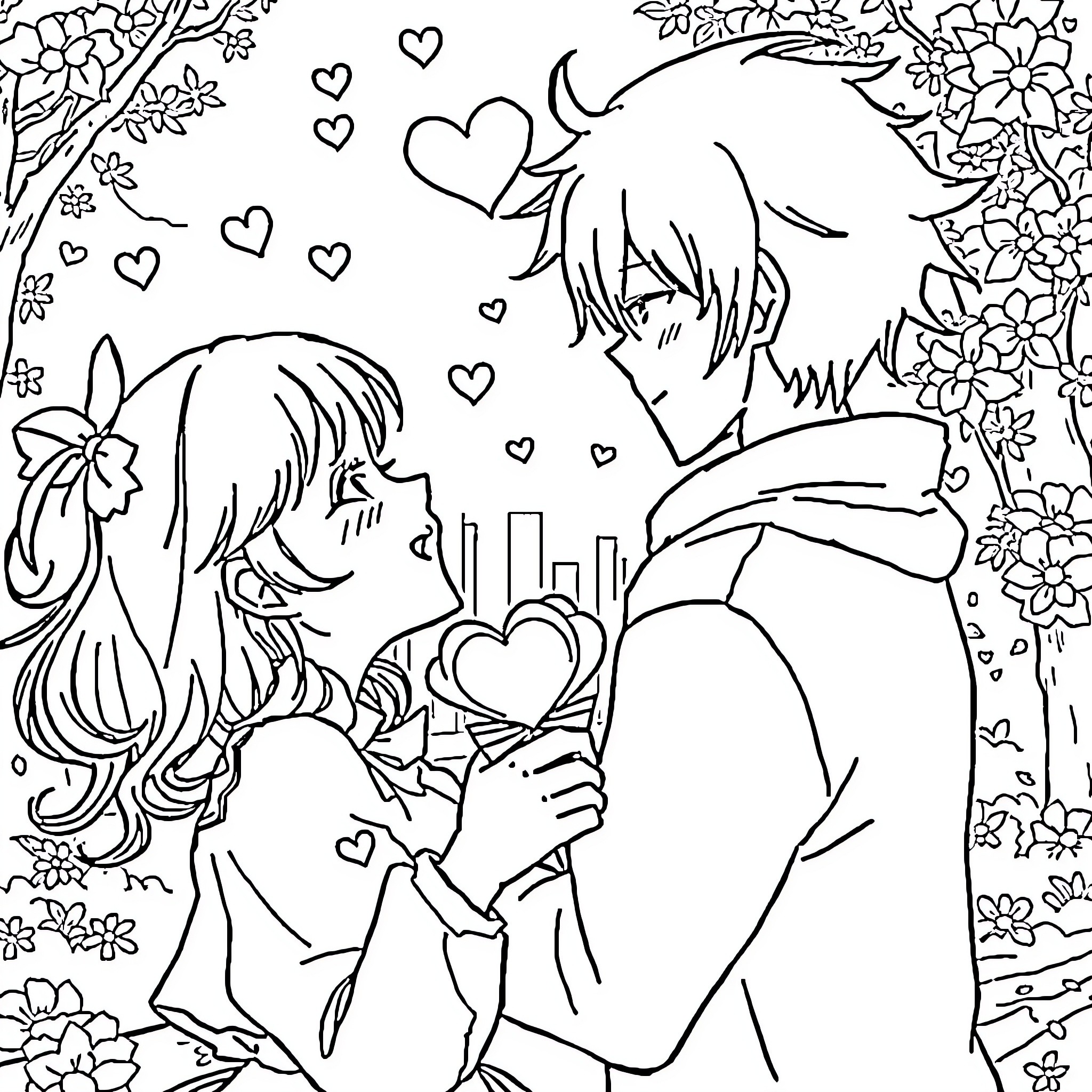 Anime Couple in Romantic Embrace Coloring Page (free black-and-white line drawing printable PDF for all, from beginners to advanced learners, including children, teens, adults, and seniors)