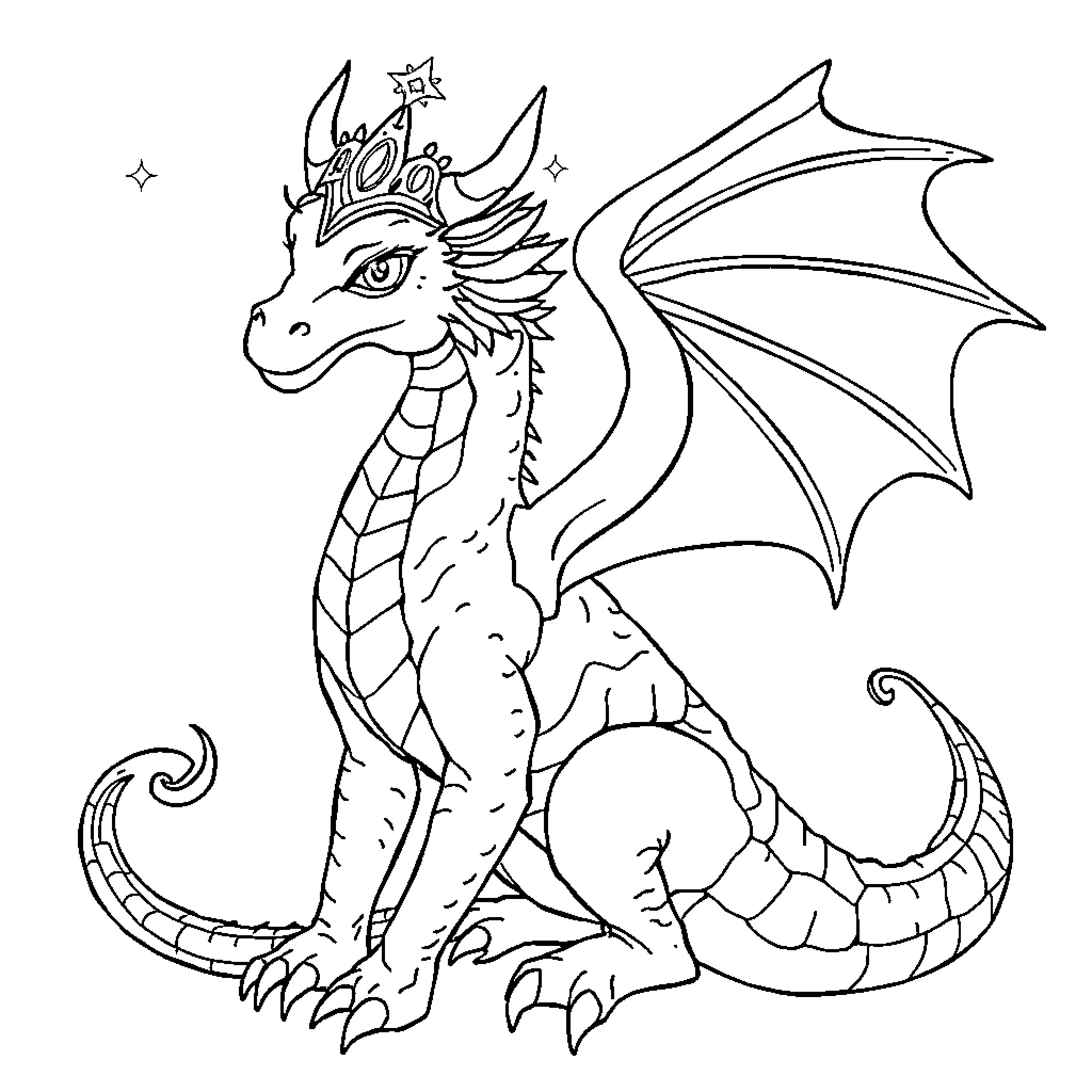 Princess dragon with wings and crown Coloring Page (free black-and-white line drawing printable PDF for all, from beginners to advanced learners, including children, teens, adults, and seniors)
