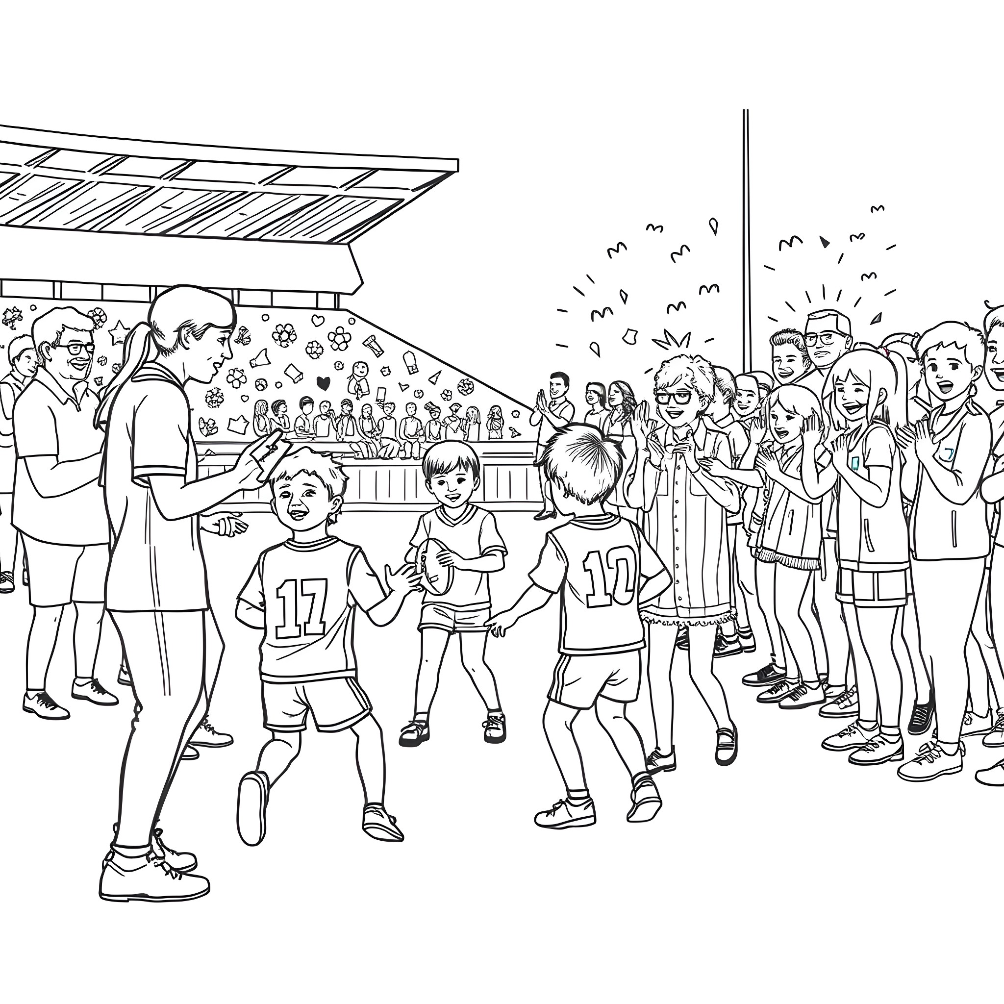 AFL Spectators Cheering at a Sports Match Coloring Page (free black-and-white line drawing printable PDF for all, from beginners to advanced learners, including children, teens, adults, and seniors)