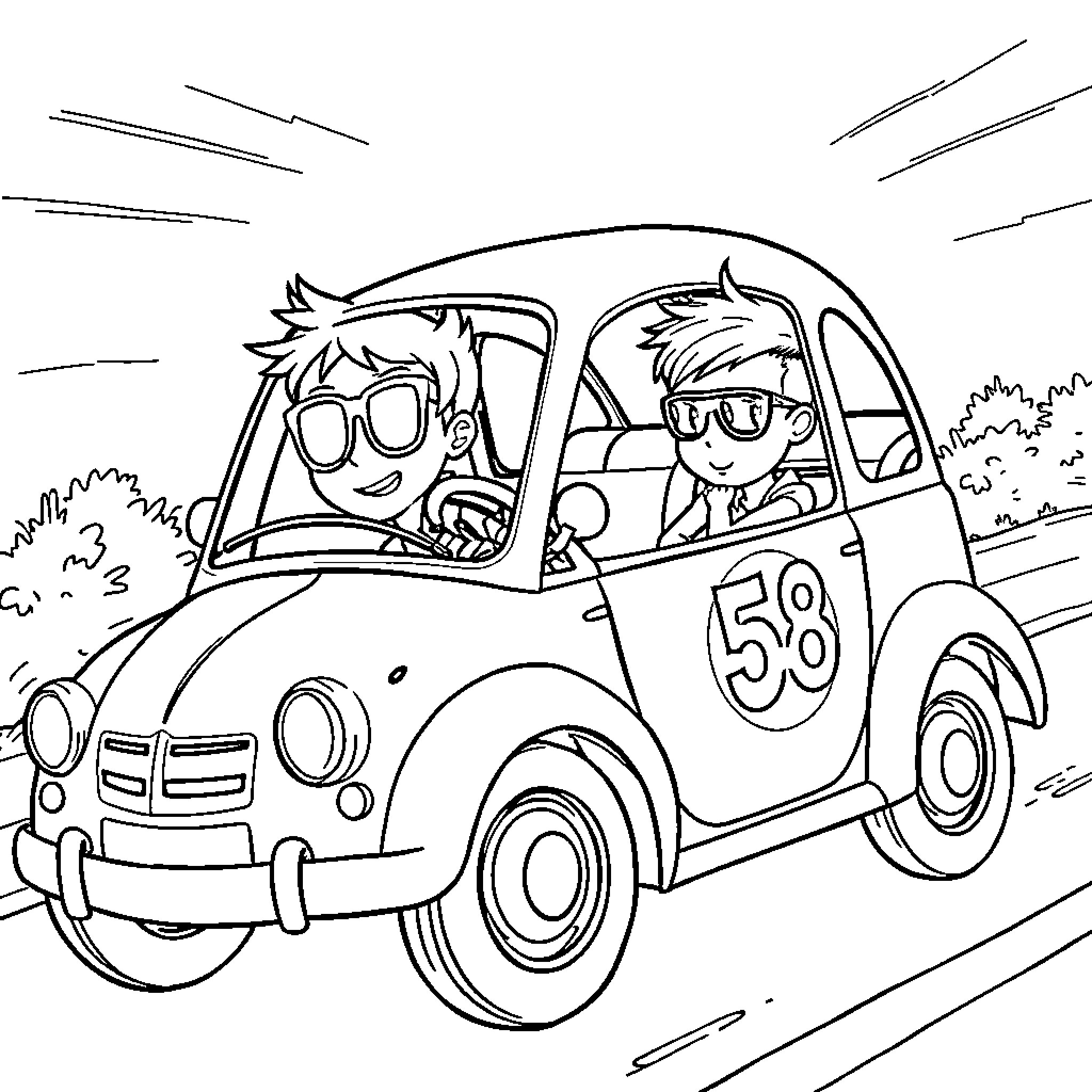 Herbie's Speedy Adventure in His Iconic Ride Coloring Page (free black-and-white line drawing printable PDF for all, from beginners to advanced learners, including children, teens, adults, and seniors)