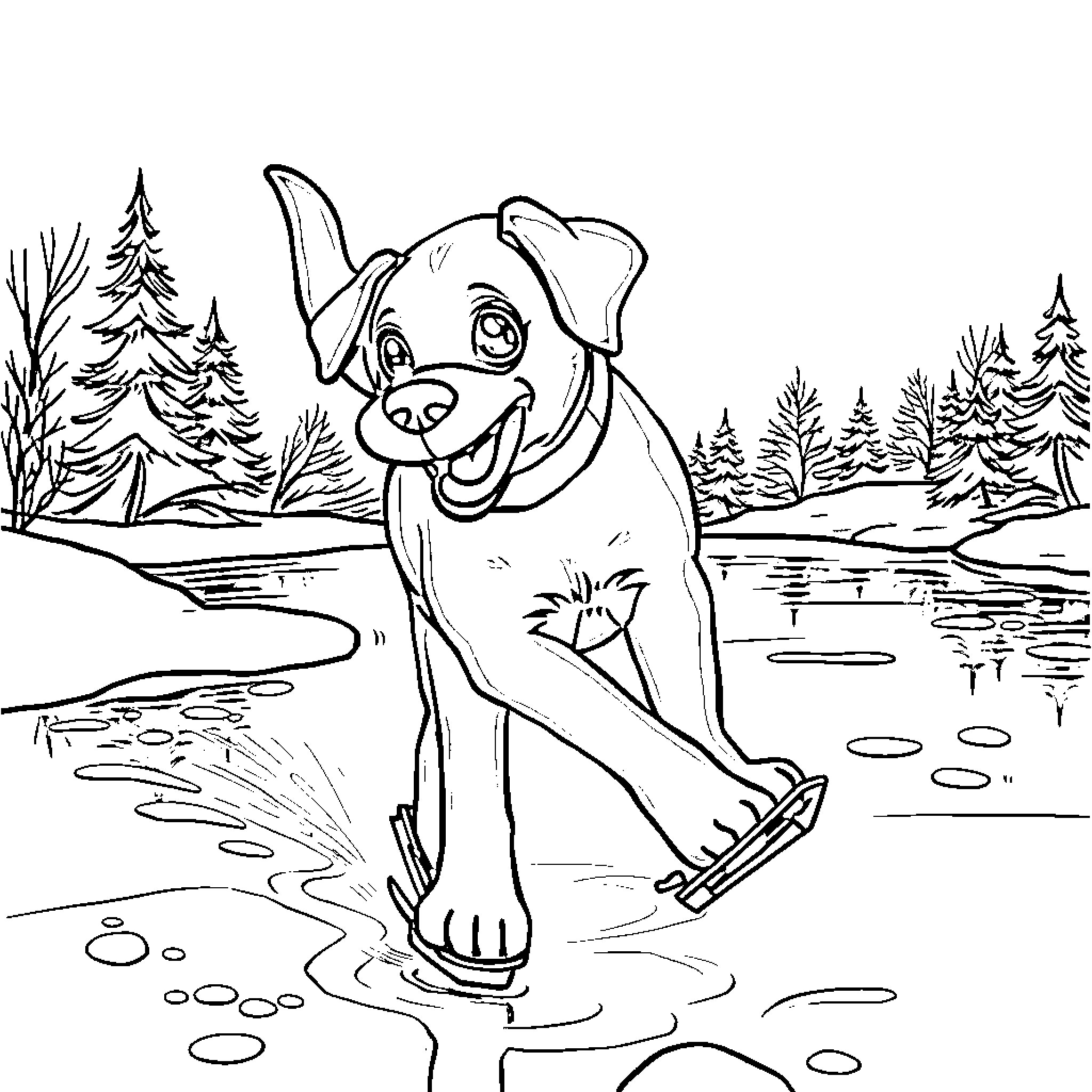 Lab Animal Happily Playing in Outdoor Nature Scene Coloring Page (free black-and-white line drawing printable PDF for all, from beginners to advanced learners, including children, teens, adults, and seniors)