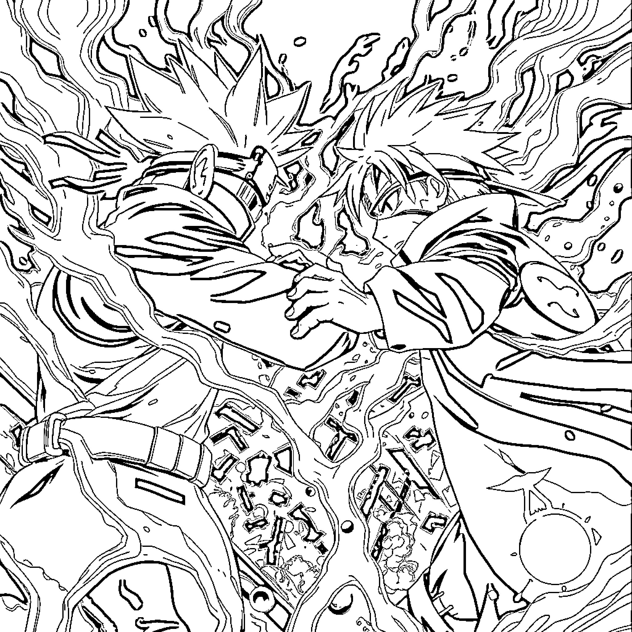 Kakashi's intense combat in a surreal landscape Coloring Page (free black-and-white line drawing printable PDF for all, from beginners to advanced learners, including children, teens, adults, and seniors)