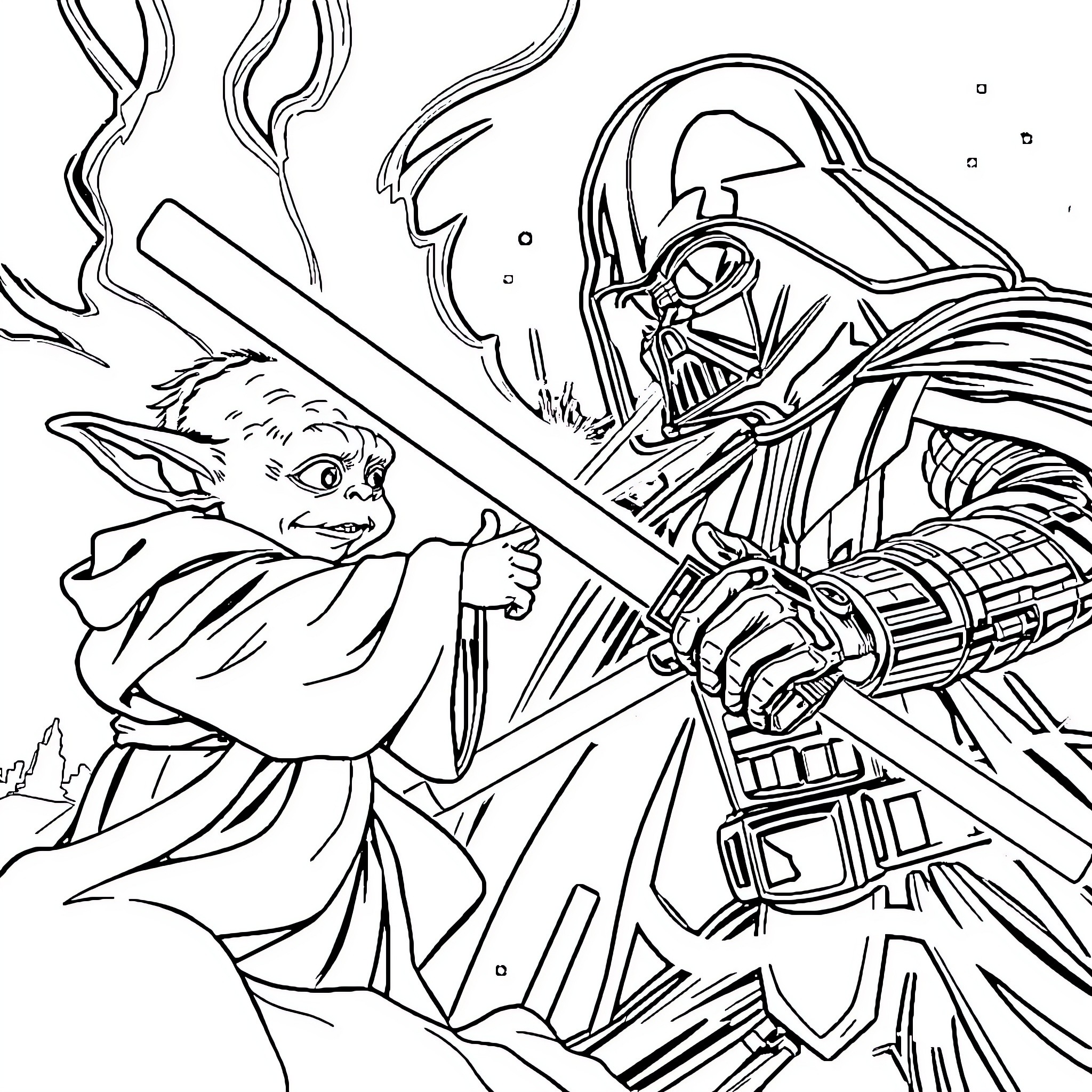 Yoda fighting Darth Vader in epic lightsaber duel Coloring Page (free black-and-white line drawing printable PDF for all, from beginners to advanced learners, including children, teens, adults, and seniors)