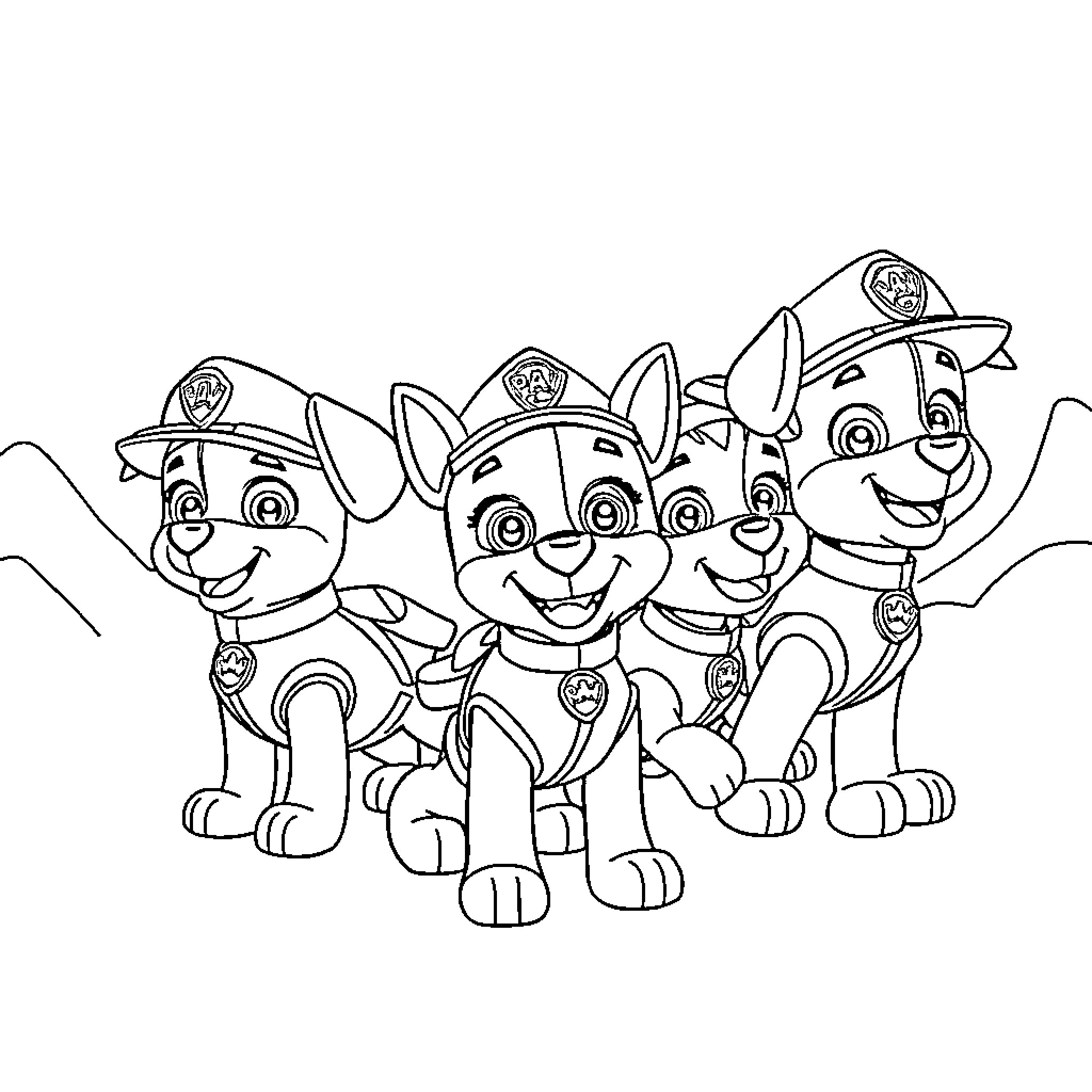 Paw Patrol pups in action poses Coloring Page (free black-and-white line drawing printable PDF for all, from beginners to advanced learners, including children, teens, adults, and seniors)