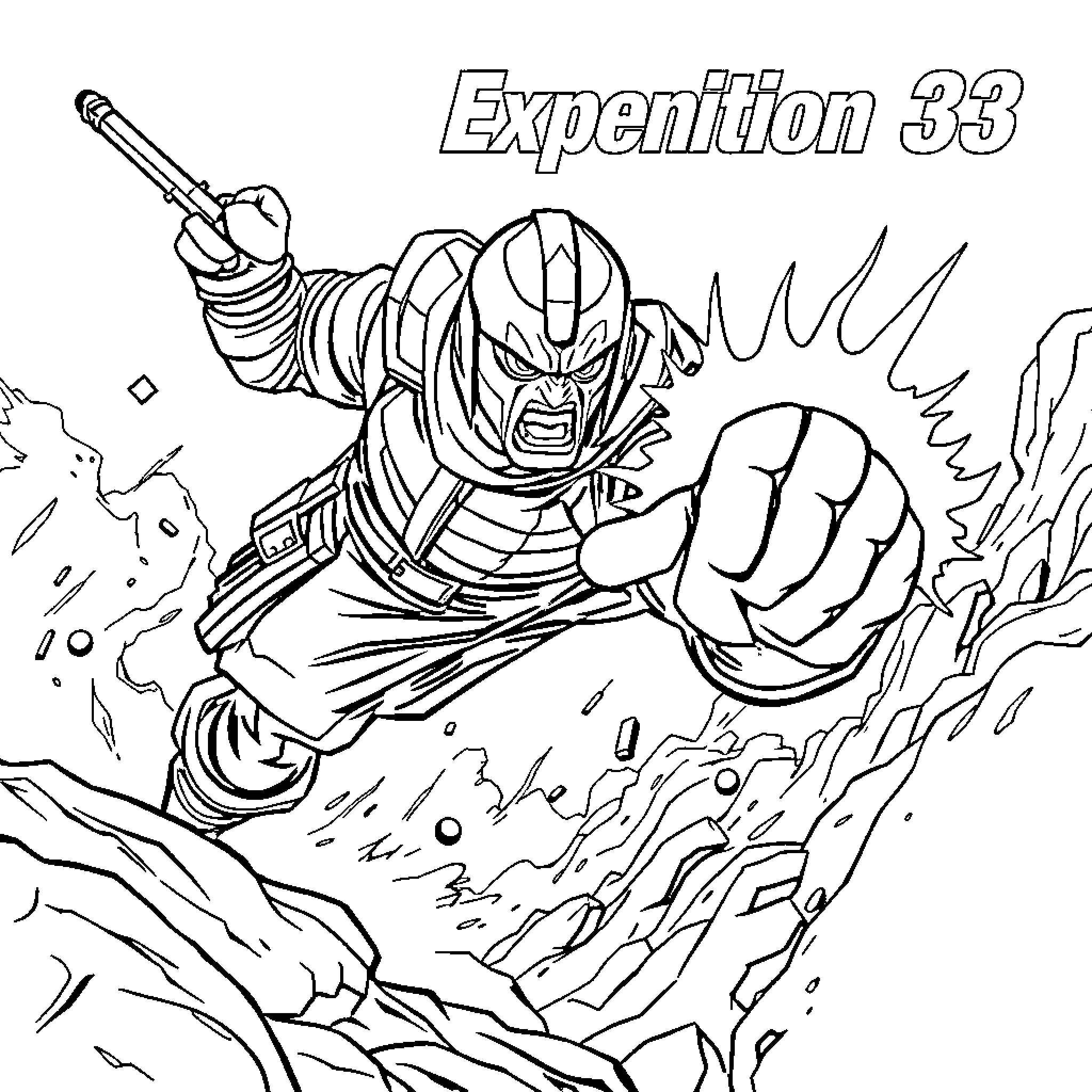 Verso: Warrior unleashing powerful attack Coloring Page (free black-and-white line drawing printable PDF for all, from beginners to advanced learners, including children, teens, adults, and seniors)