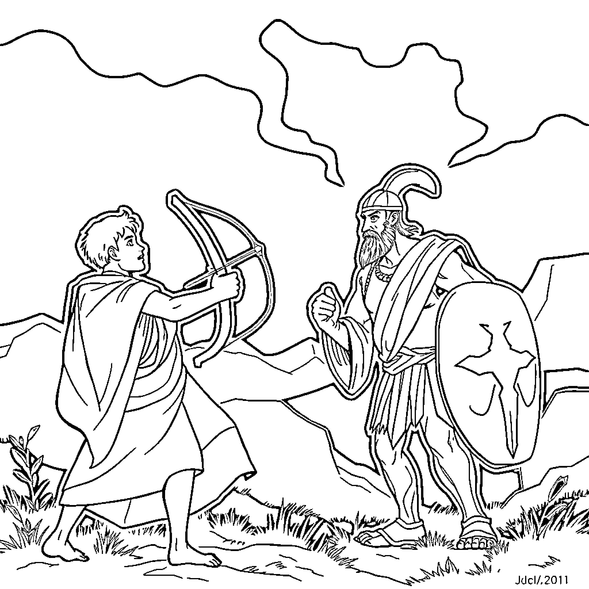 David's Encounter with a Warrior in the Wilderness Coloring Page (free black-and-white line drawing printable PDF for all, from beginners to advanced learners, including children, teens, adults, and seniors)
