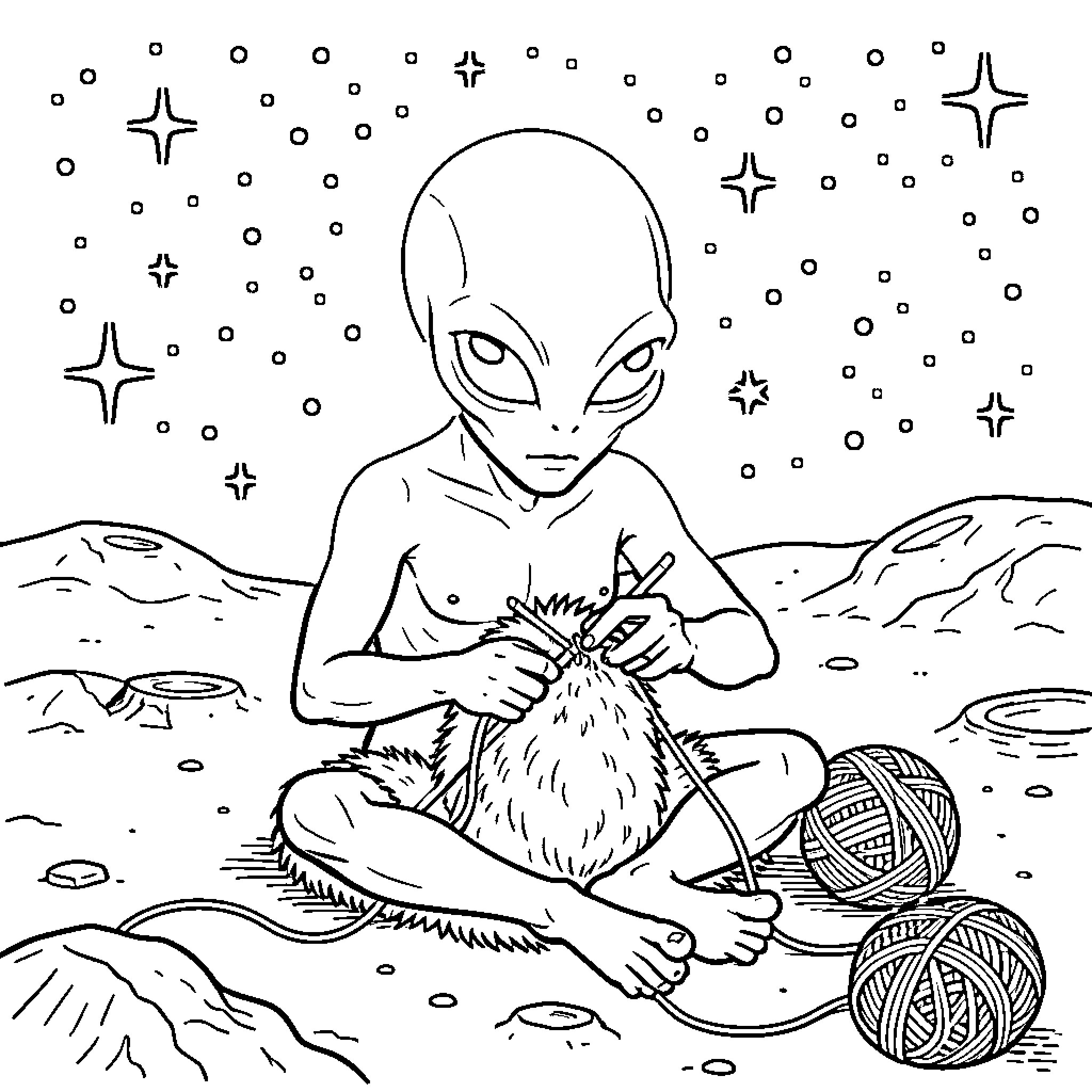 Alien Creature Playing with Furry Companion in Cosmic Landscape Coloring Page (free black-and-white line drawing printable PDF for all, from beginners to advanced learners, including children, teens, adults, and seniors)